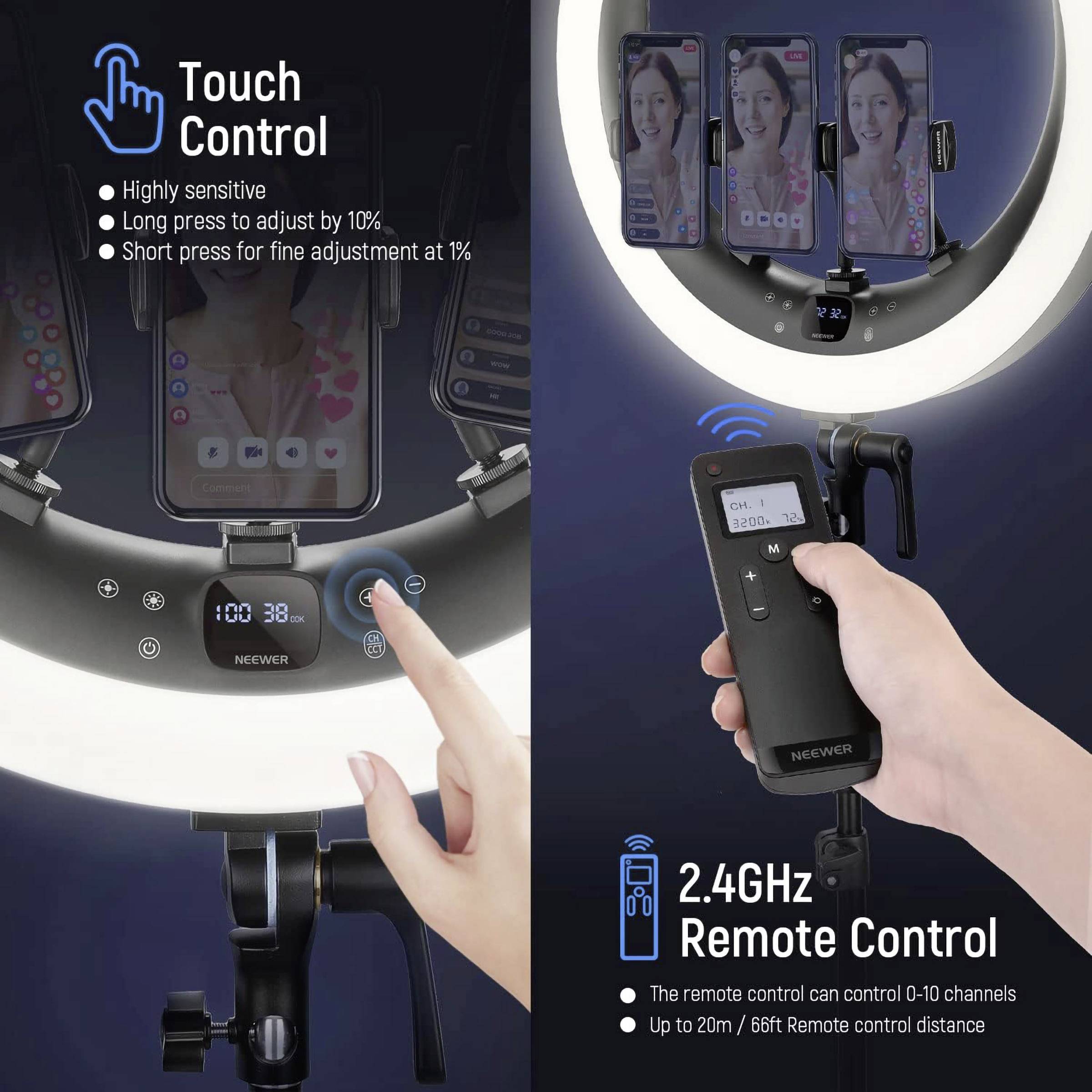 'Ringlicht mit Touch-Steuerung und 2,4 GHz Fernbedienung. Hochempfindlich, 10% Schritte, stufenlos bei 1%. Bis zu 20m Reichweite.'
