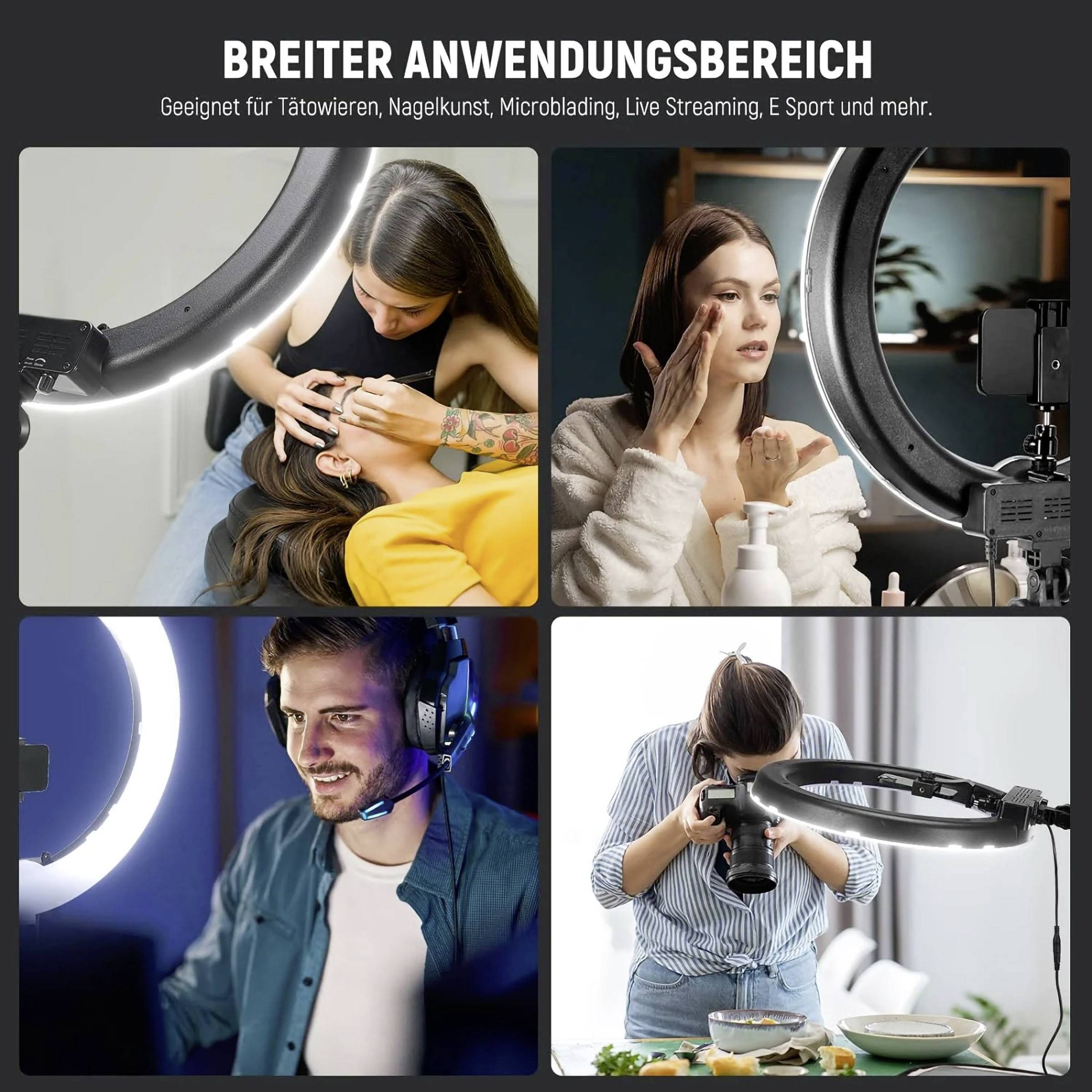 Eine Collage zeigt Tätowieren, Make-up-Anwendung und Livestreaming. Menschen nutzen Ringleuchten für bessere Beleuchtung.