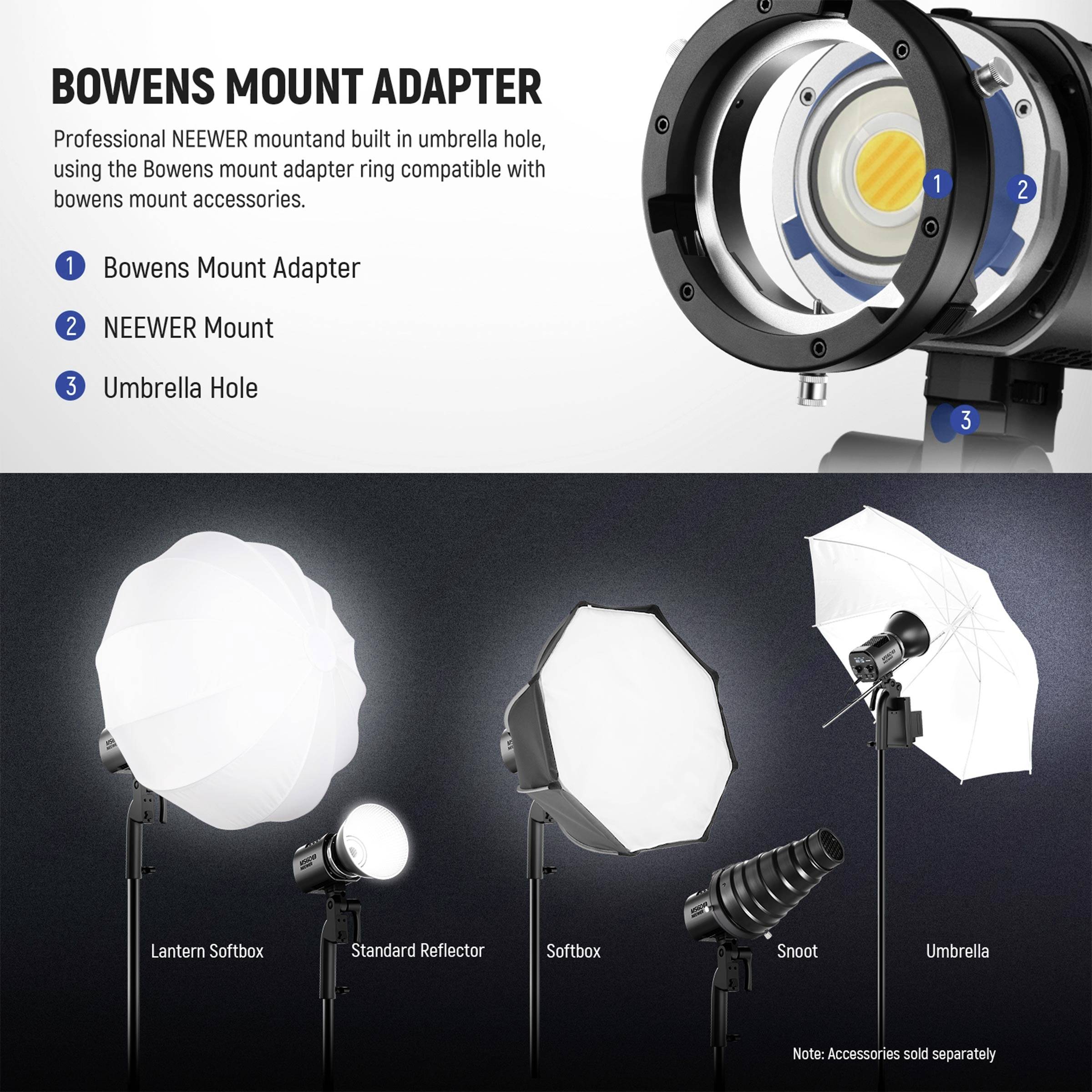 Der Bowens Mount Adapter von NEEWER ermöglicht die Nutzung von Bowens Zubehör mit Regenschirmöffnung. Zeigt Softboxen und Reflektoren.
