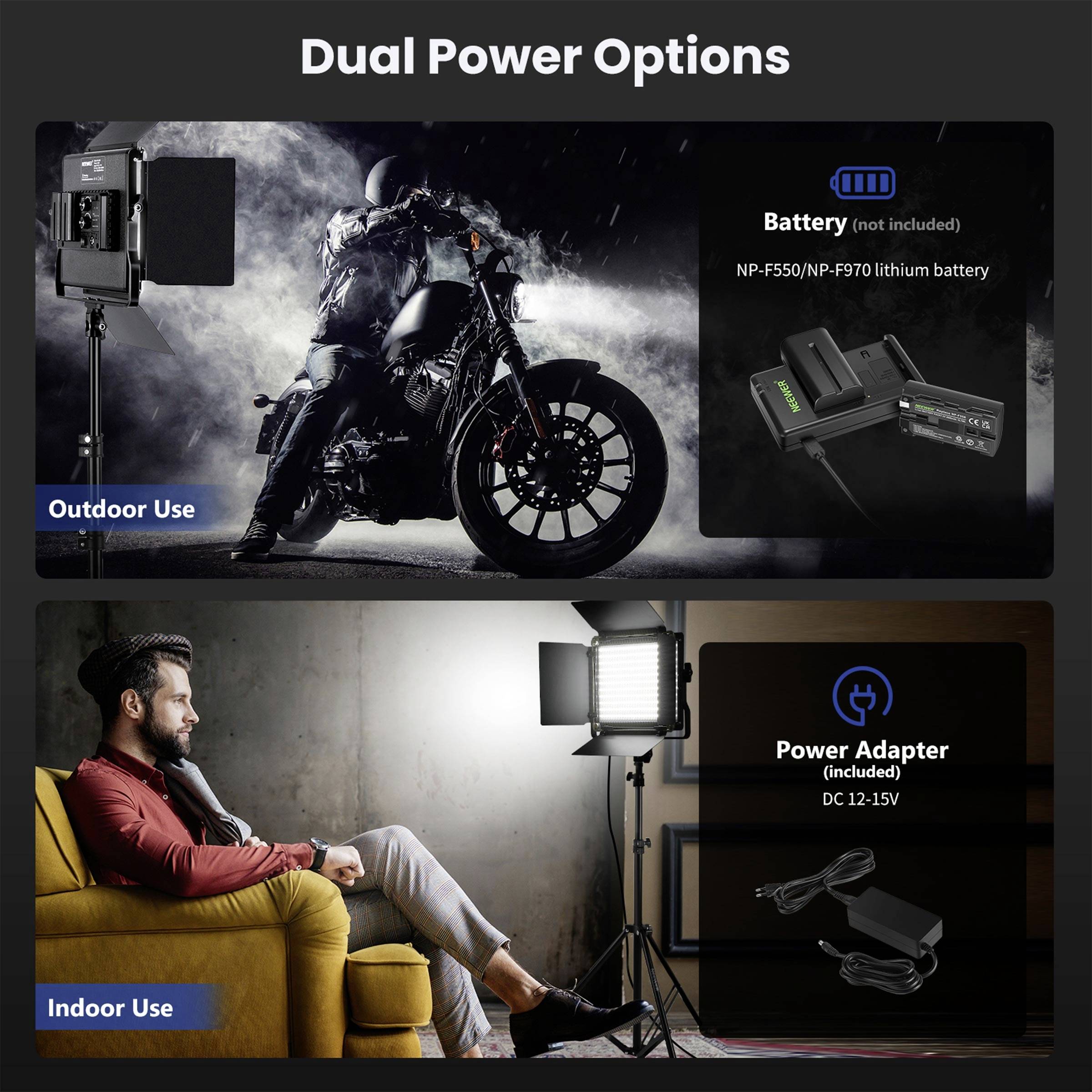 "Dual Power Options" Bild: Oben ein Motorrad im Regen, geeignet für den Akku (nicht enthalten). Unten ein Mann im Zimmer, geeignet für den Netzadapter (enthalten).