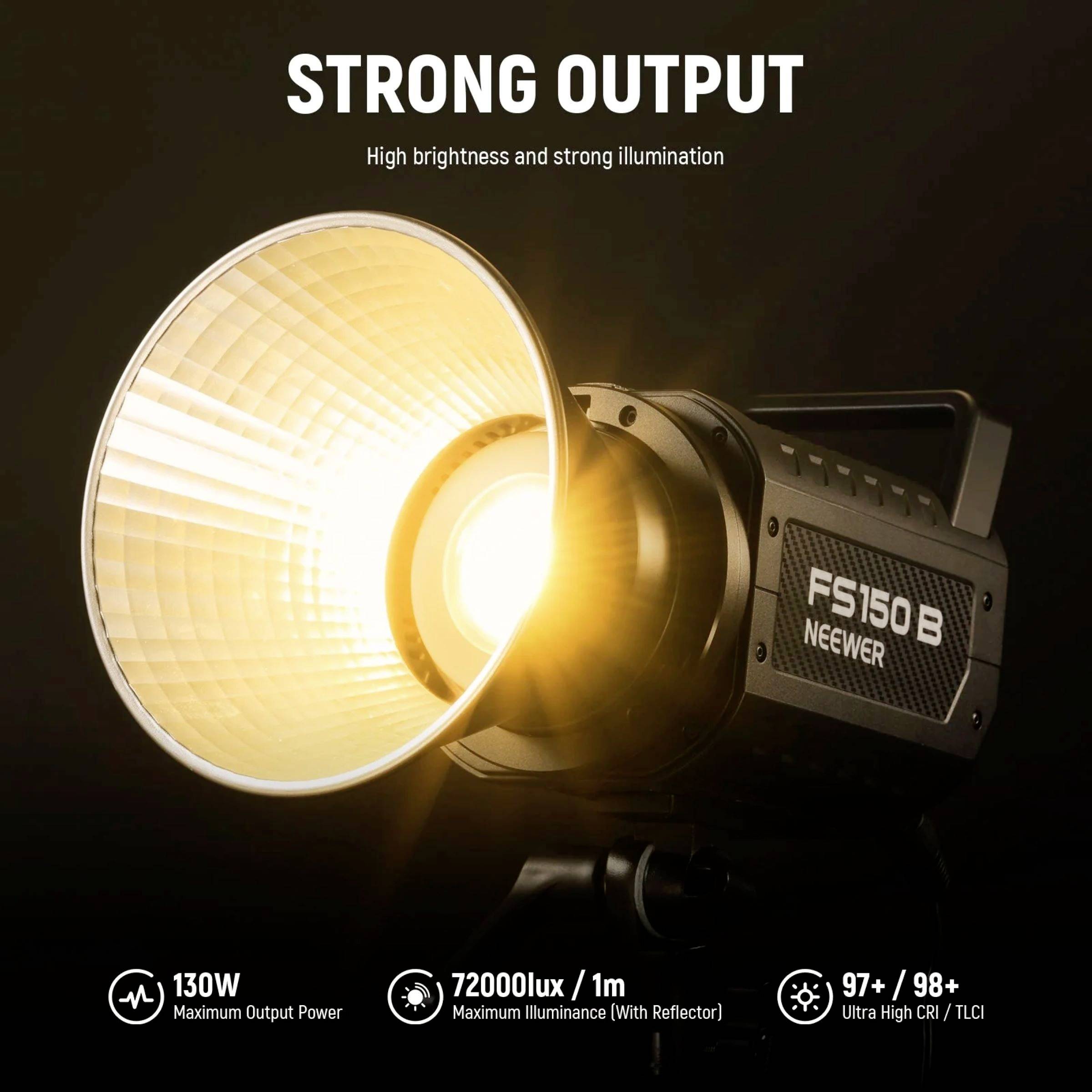 'Eine Neewer FS150B Leuchte strahlt starkes Licht aus. Beschriftungen zeigen: 130W Leistung, 72000 lux Helligkeit, hoher CRI/TLCI.'