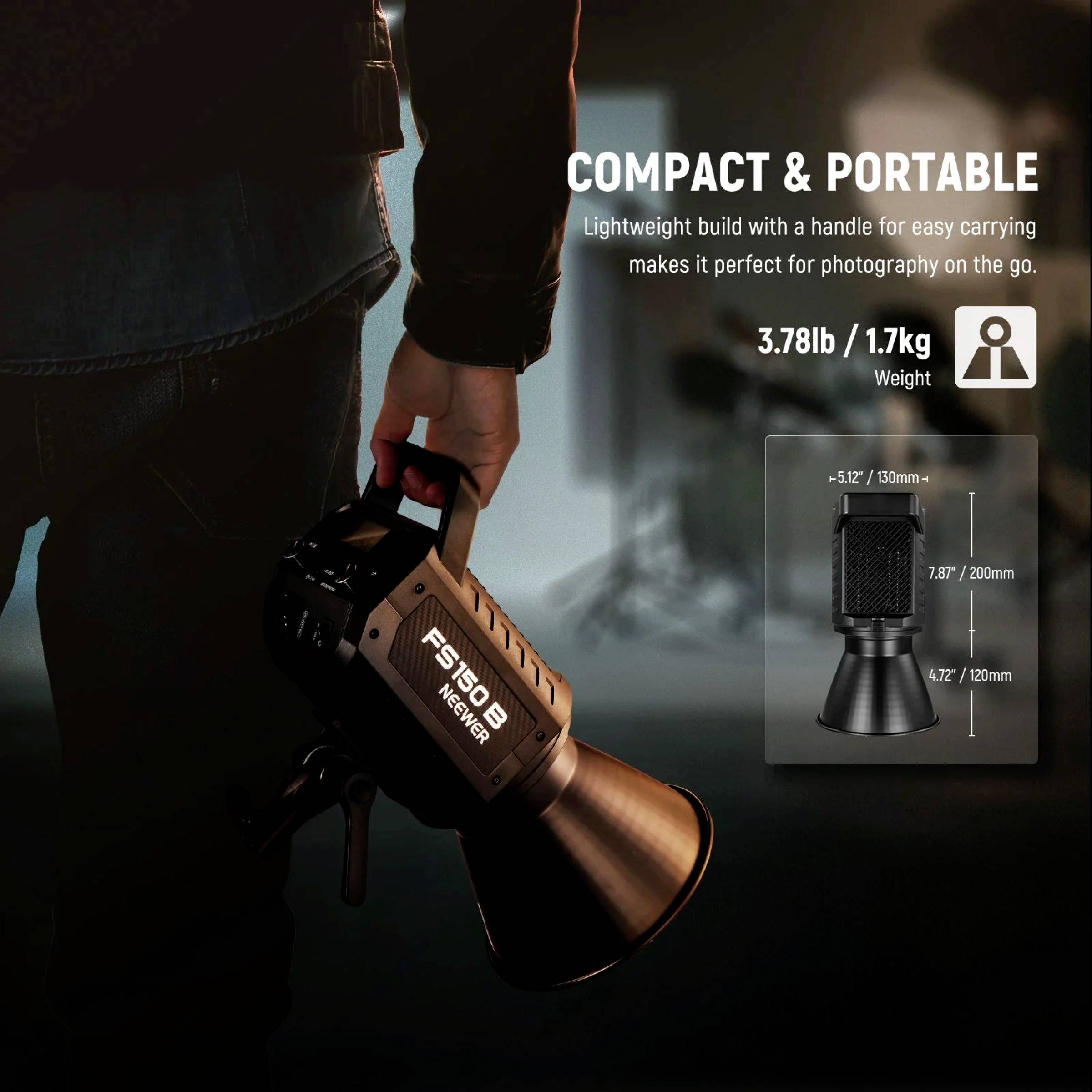 'Kompakt & tragbar': Person trägt ein leichtes, handliches Licht. Gewicht: 1,7 kg. Ideal für unterwegs. Abmessungen: 152 x 105 mm.