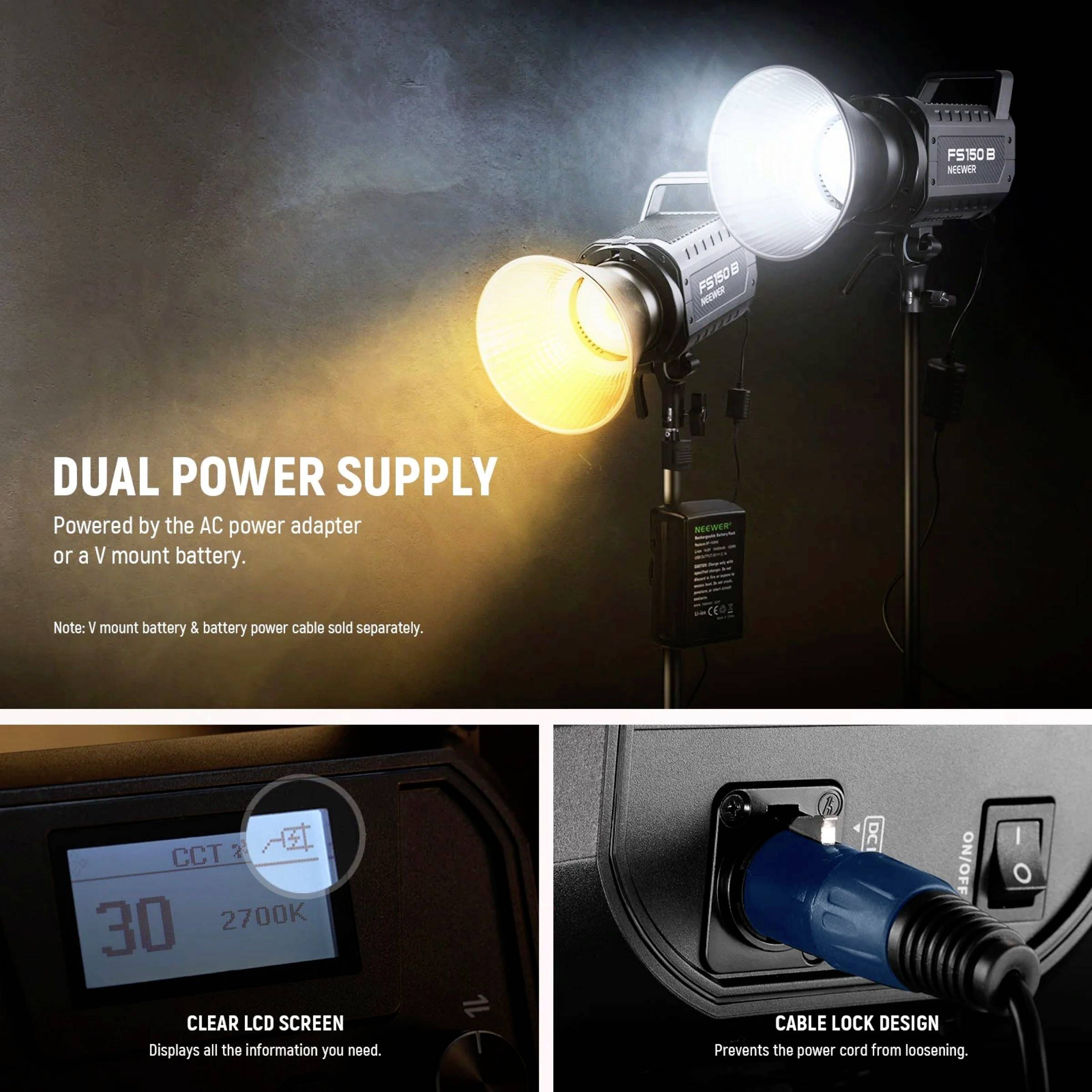 'Lampen mit dualer Stromversorgung durch Netzadapter oder V-Mount-Batterie. LCD zeigt Farbtemperatur. Kabelsicherung vorhanden.'
