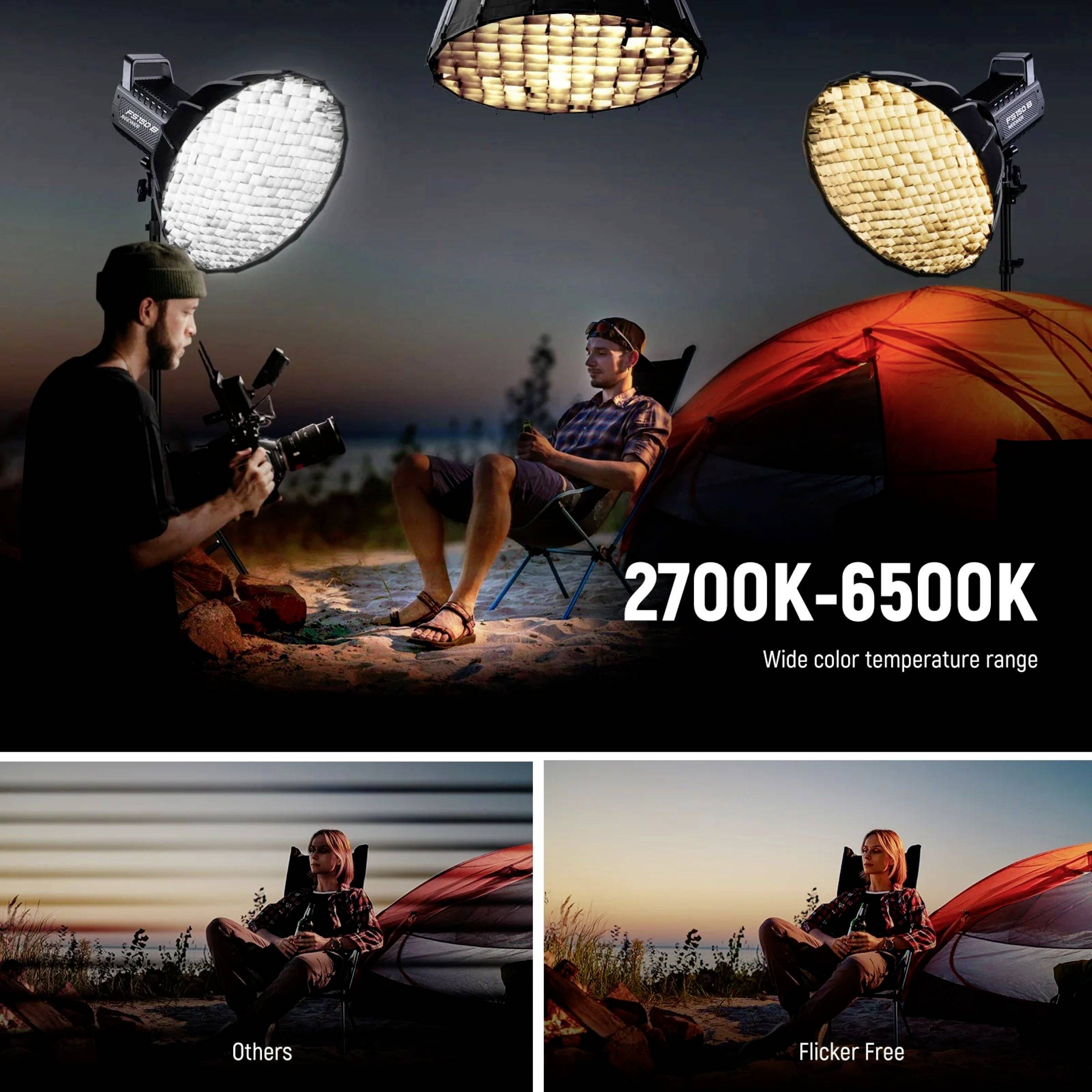 Zwei Personen sitzen abends vor einem Zelt, beleuchtet von zwei Studioleuchten. Text im Bild: '2700K-6500K Farbtemperaturbereich'. Vergleich von 'Others' und 'Flicker Free' Lichtqualität.
