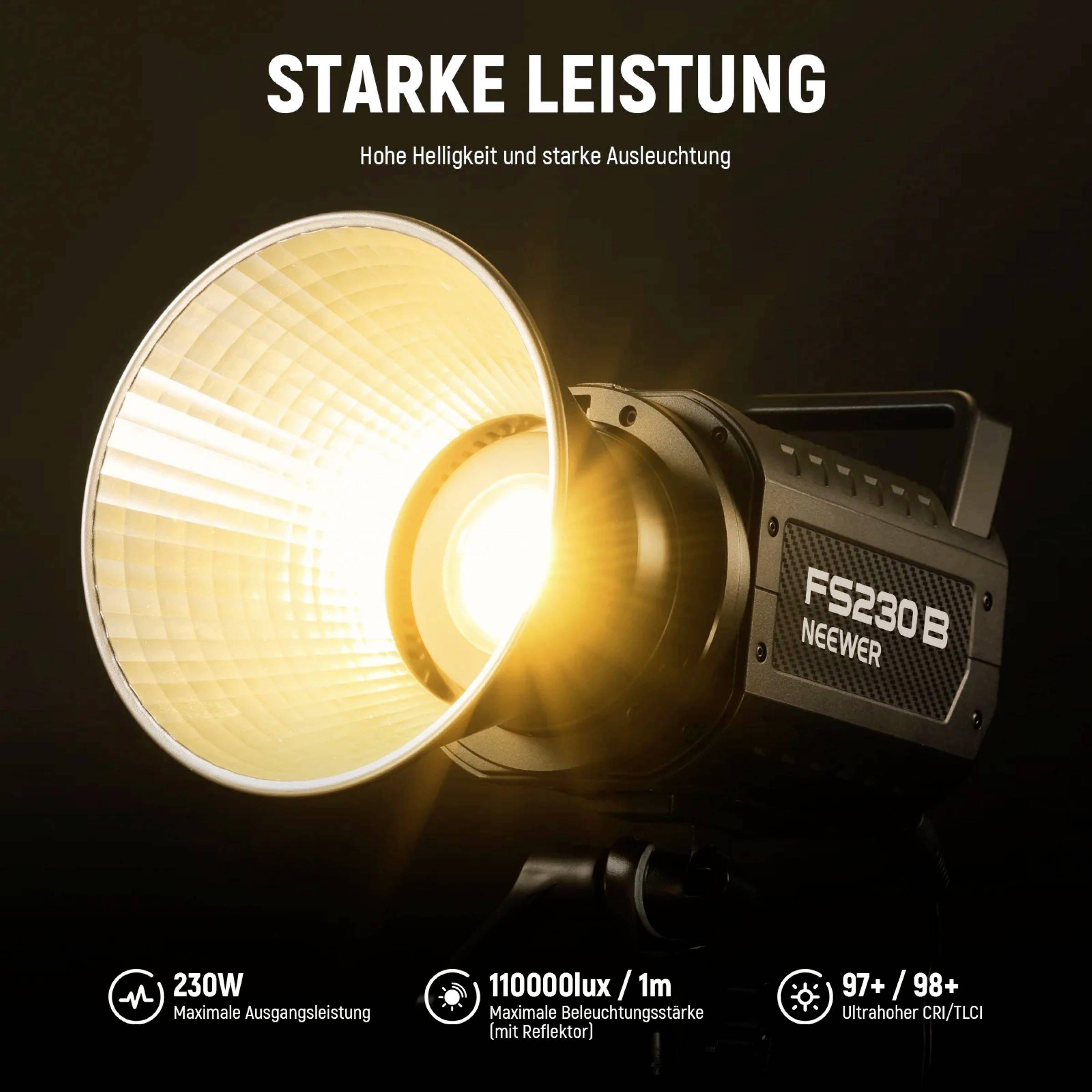 Leistungsstarkes Studiolicht mit 230W, erzeugt 110000 Lux bei 1m, CRI/TLCI über 97. Text 'STÄRKE LEISTUNG' beschreibt Helligkeit und Ausleuchtung.
