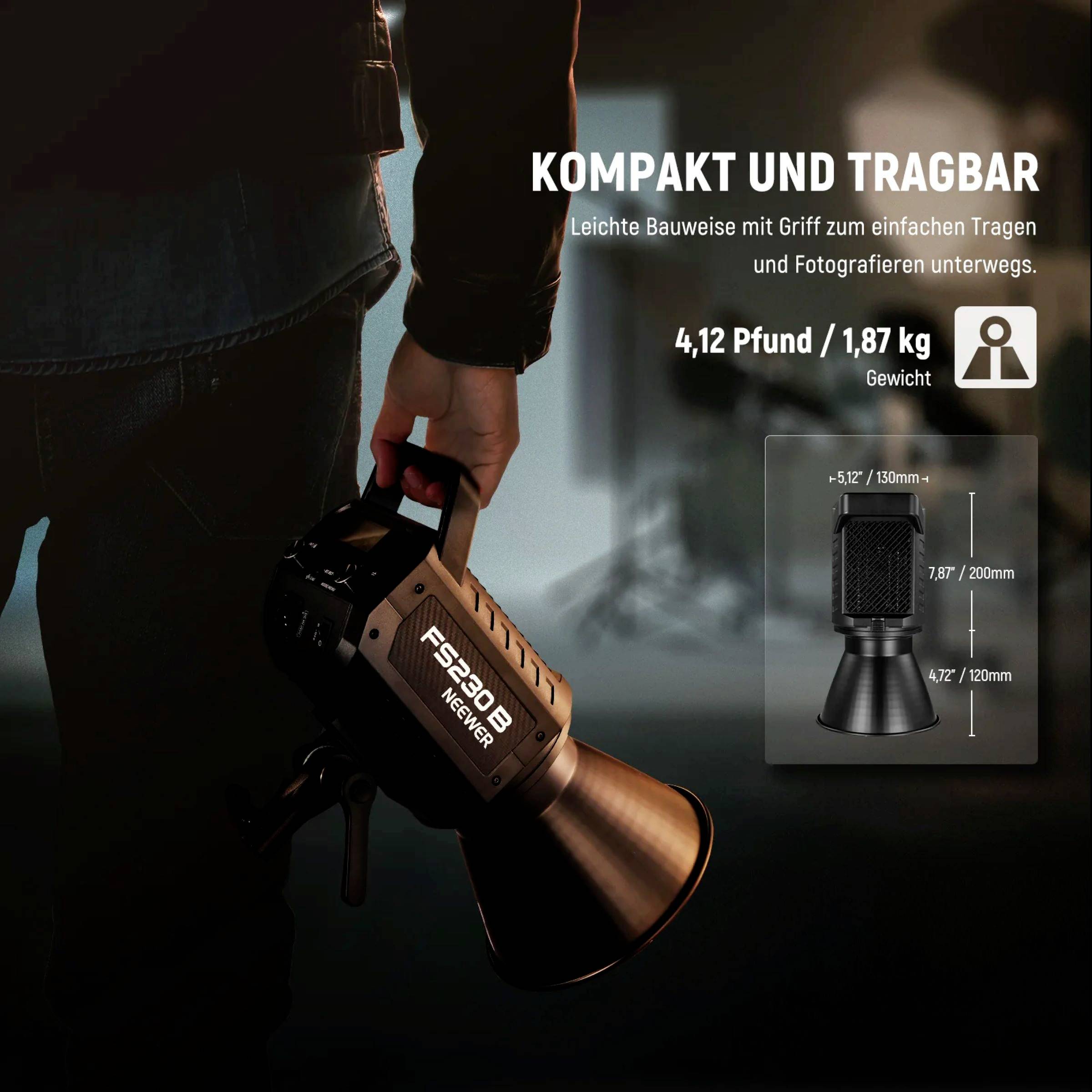 'Person hält tragbare Fotolampe Godox FS300. Text: Kompakt und tragbar, 4,12 Pfund, 1,87 kg. Ideal für Fotografie und Reisen.'