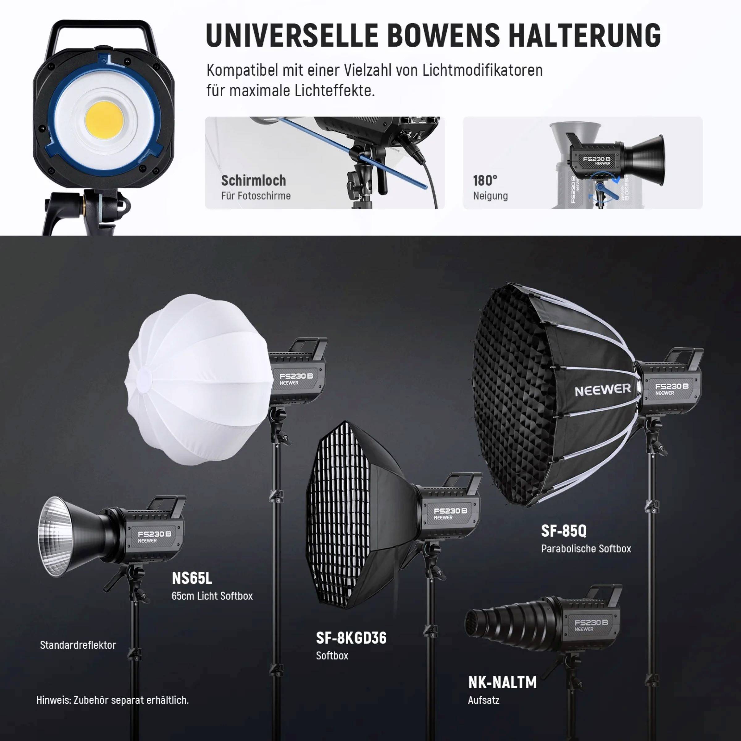 'Universelle Bowens Halterung' zeigt Studioleuchten und Softboxen, kompatibel für unterschiedliche Fotoanwendungen und maximale Lichteffekte.
