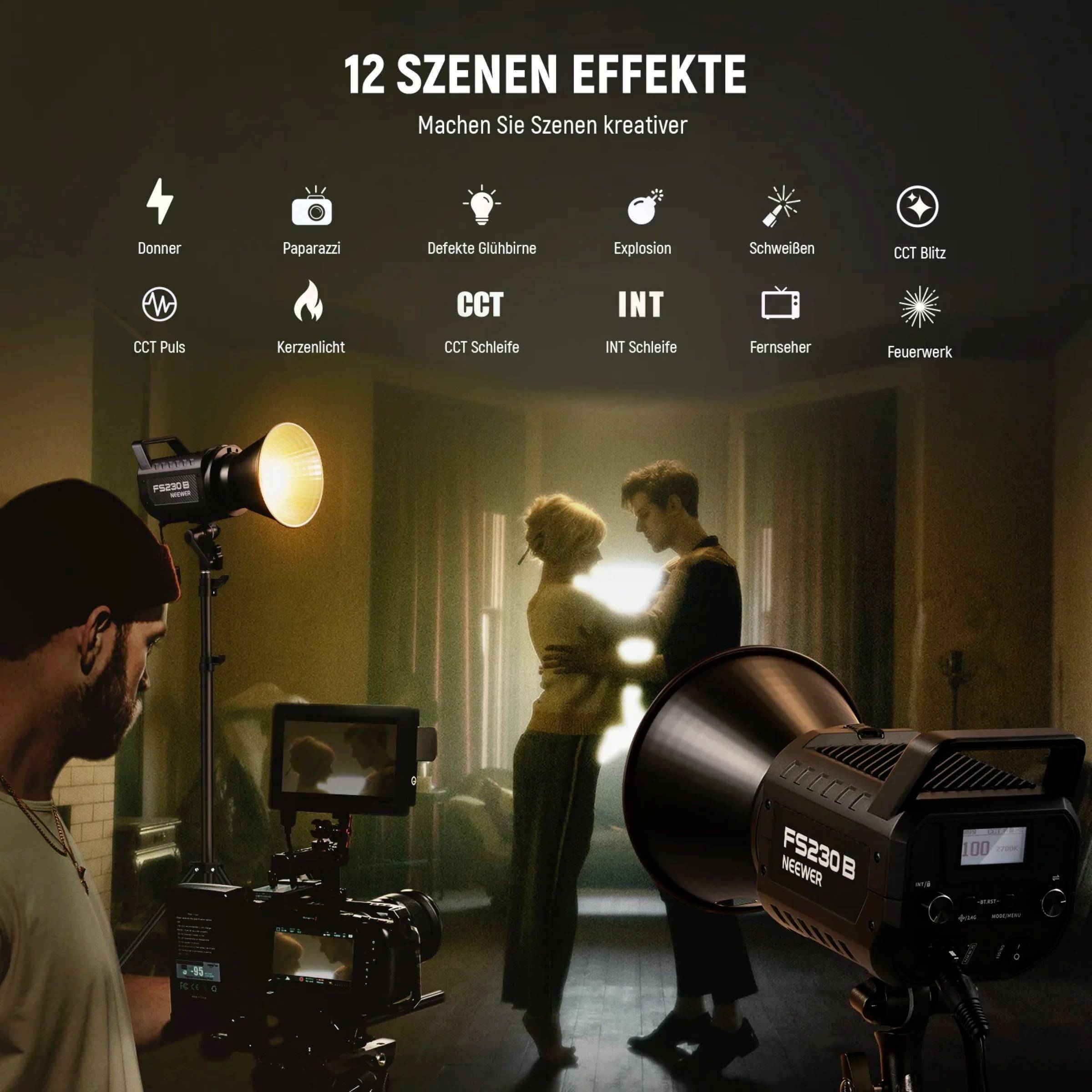 Ein Paar tanzt in einem dunkel beleuchteten Raum umgeben von Studiobeleuchtung. Oben werden 12 Lichteffekte für Kreativität aufgeführt.
