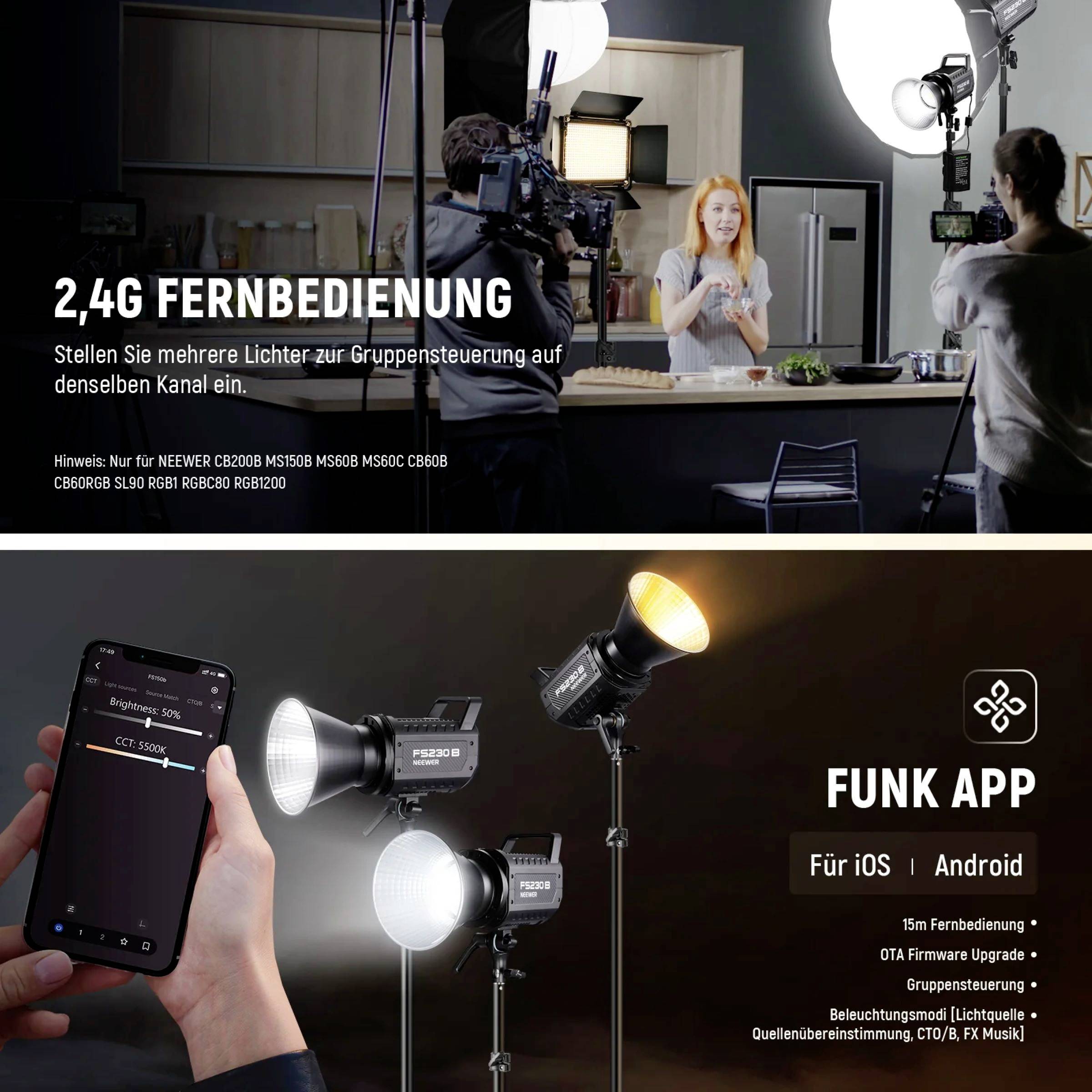 '2,4G Fernbedienung: Steuerung mehrerer Lichter. Funk App: Für iOS und Android. Fotostudio mit Person vor Kamera und Beleuchtung.'