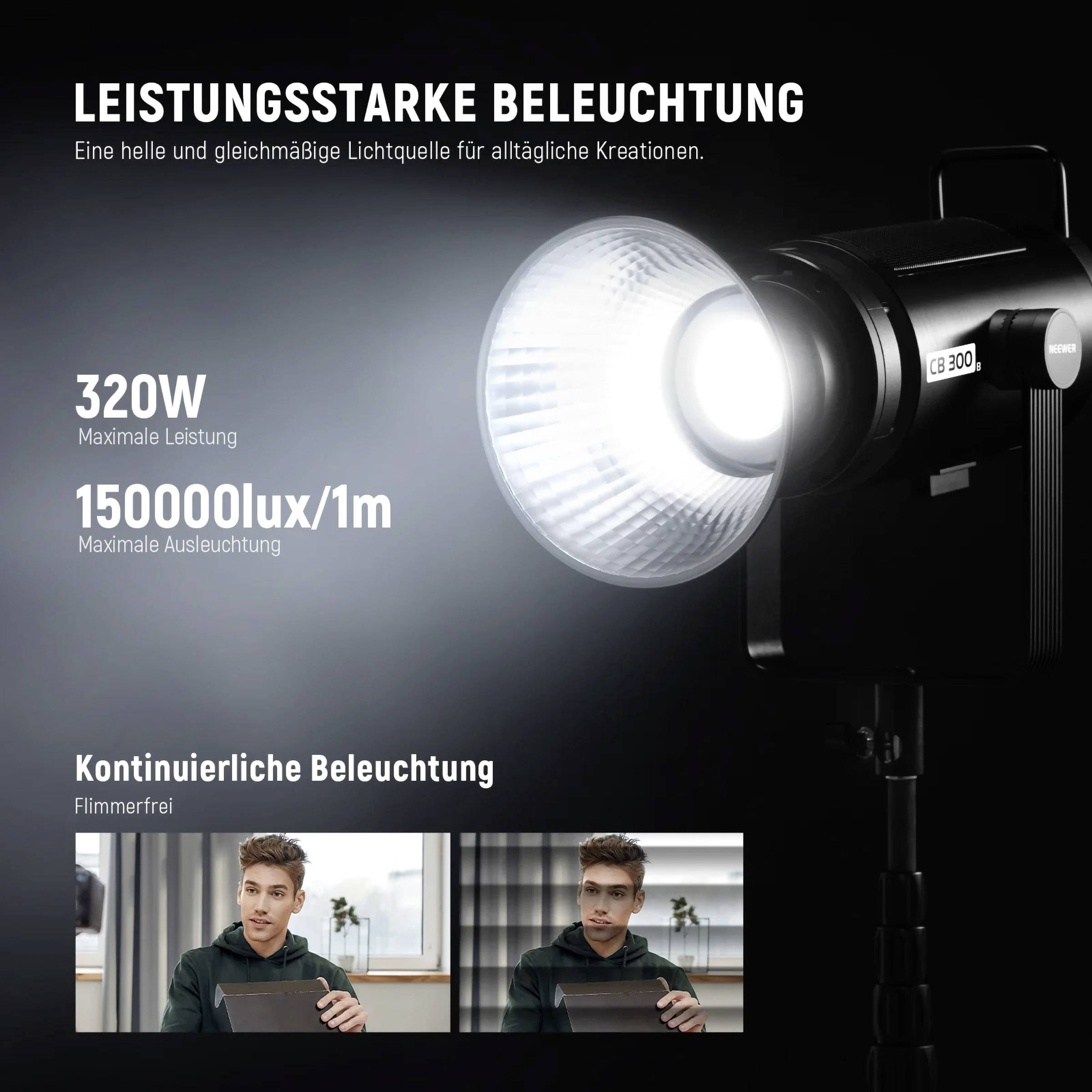'Leistungsstarke Beleuchtung' zeigt eine helle Leuchte. Text: '320W, 150000lux.' Zwei Fotos unten zeigen Porträtbeleuchtung.