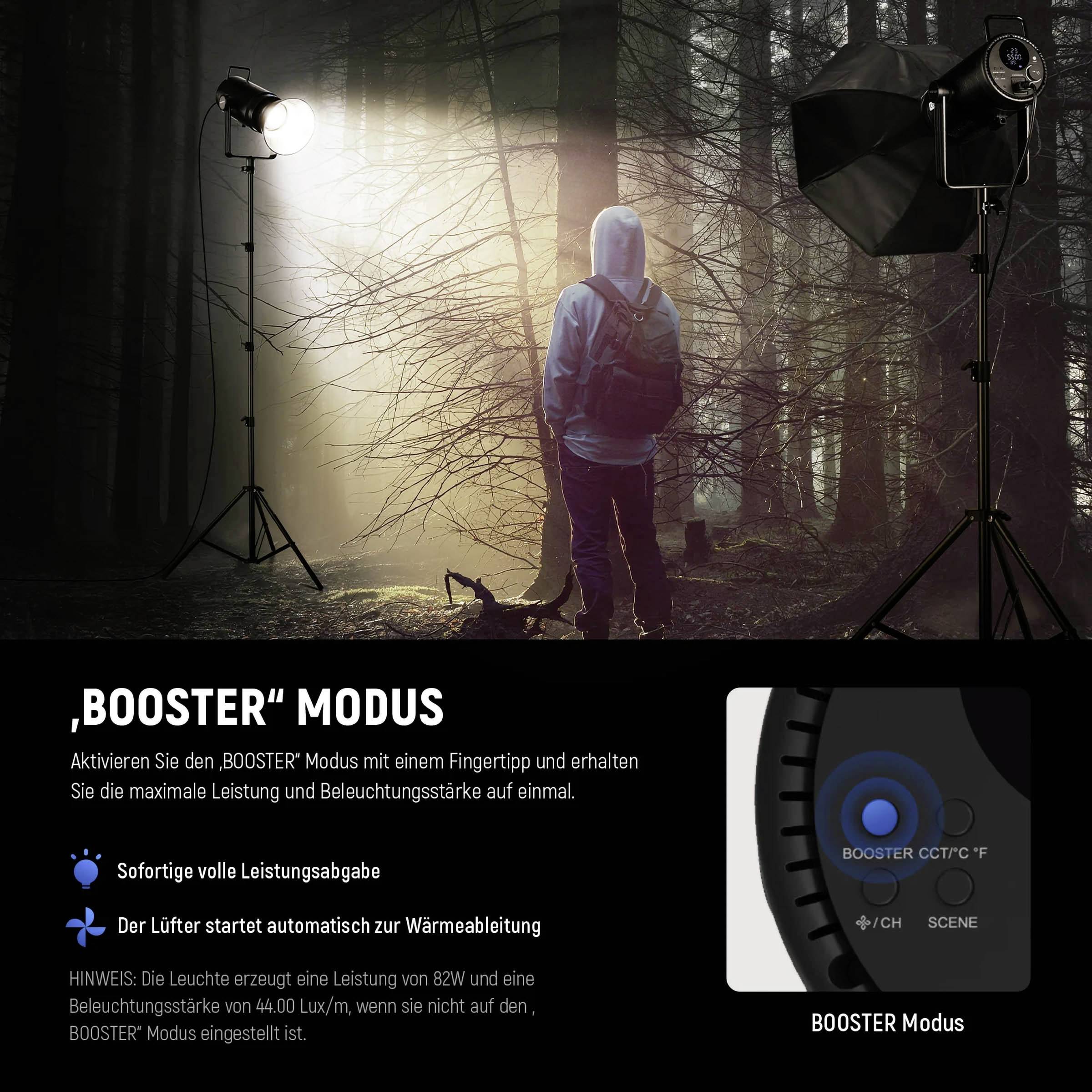 Eine Person mit Rucksack steht vor stehendem Licht in einem Fotostudio. Der 'BOOSTER' Modus maximiert die Lichtleistung sofort.