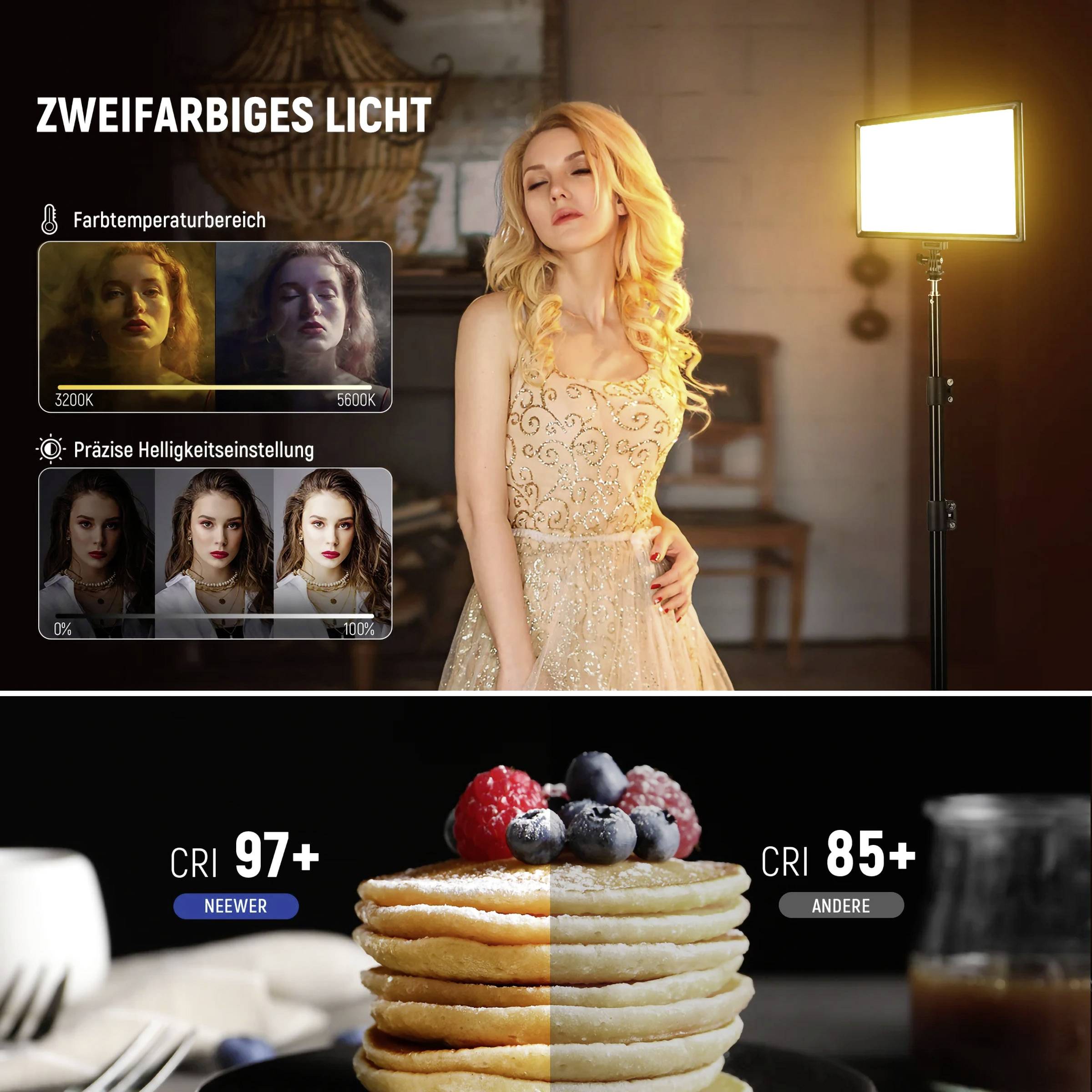 'Zweifarbiges Licht' mit Farbtemperaturbereich von 3200K bis 5600K. Frau vor Lichtquelle. Pancakes mit Beeren, leichter Helligkeitsunterschied.