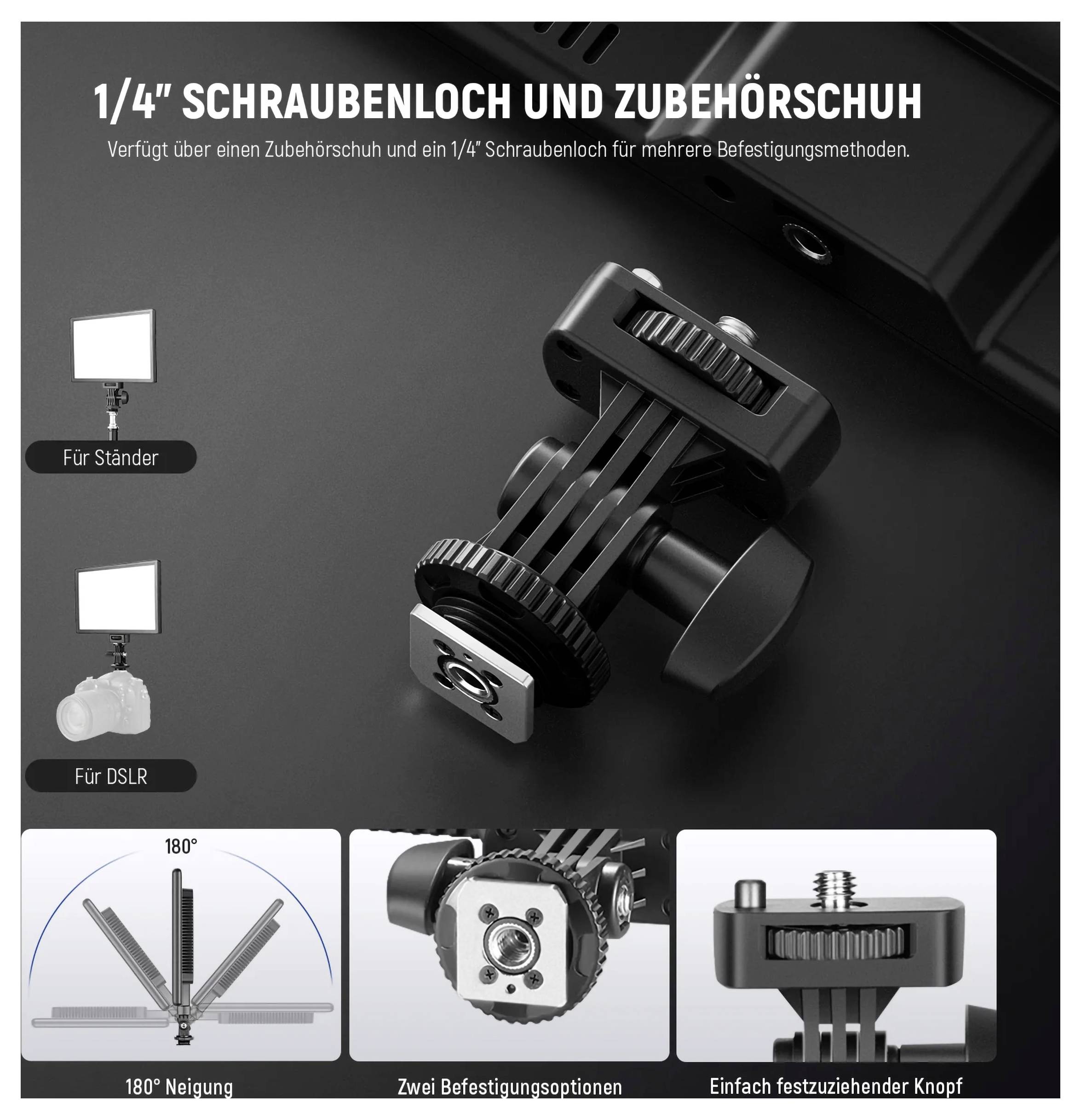 '1/4" Schraubenloch und Zubehörschuh', Bild zeigt Zubehör mit verschiedenen Befestigungsmethoden für Ständer und DSLR.