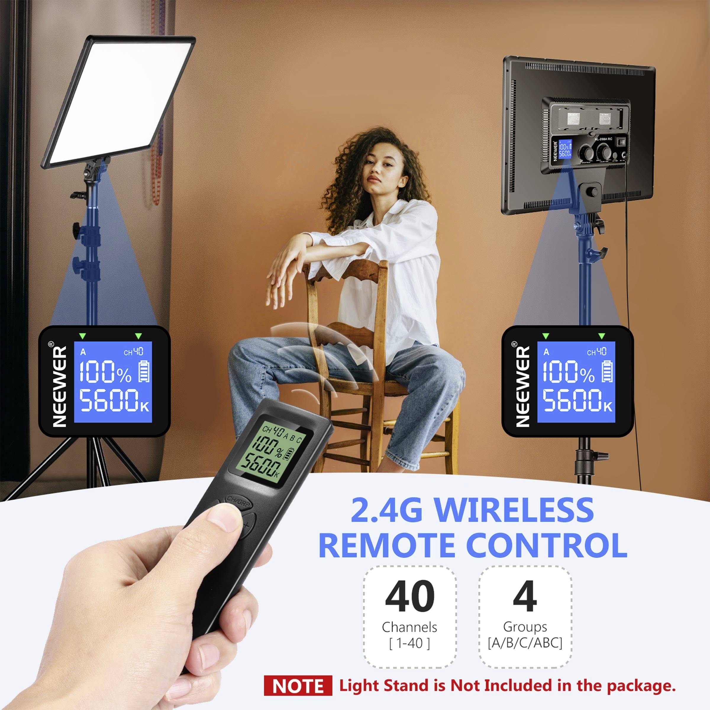 Eine Person sitzt zwischen zwei LED-Leuchten mit einem Bildschirm. Eine Hand hält eine Fernbedienung. Text: '2.4G Wireless Remote Control, 40 Channels, 4 Groups.'