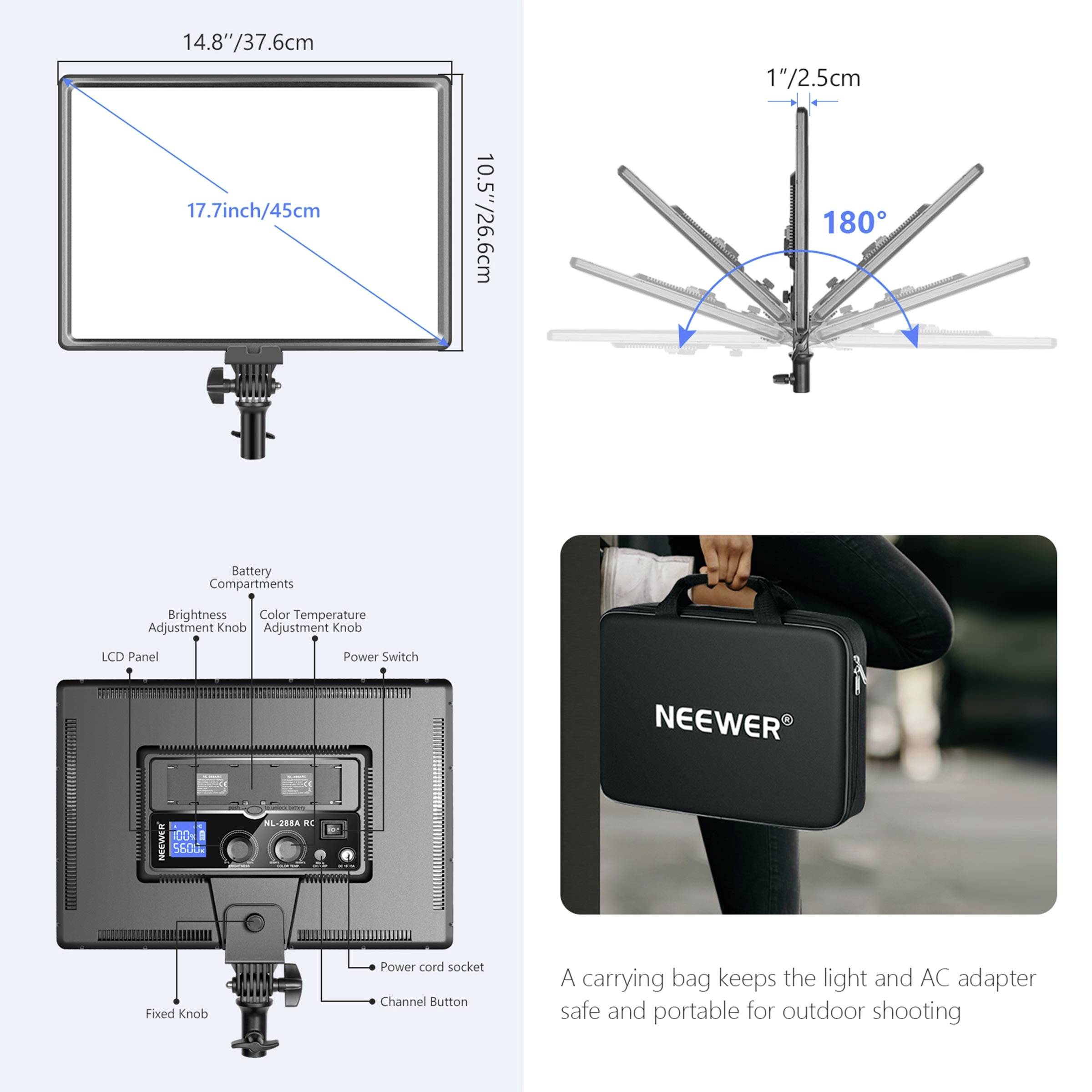 'LED-Videoleuchte mit verstellbarem Winkel, 45 cm Breite. Tragetasche für einfachen Transport im Außenbereich.'
