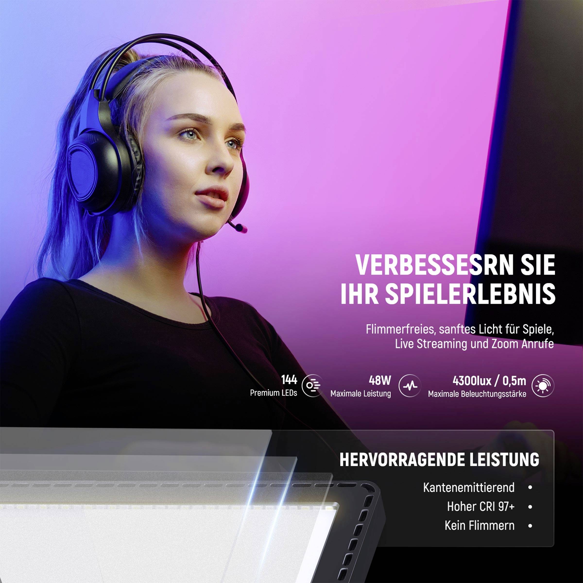 Frau mit Kopfhörern schaut auf Bildschirm. Text: 'Verbessern Sie Ihr Spielerlebnis'. Lichttechnologie wird beworben.