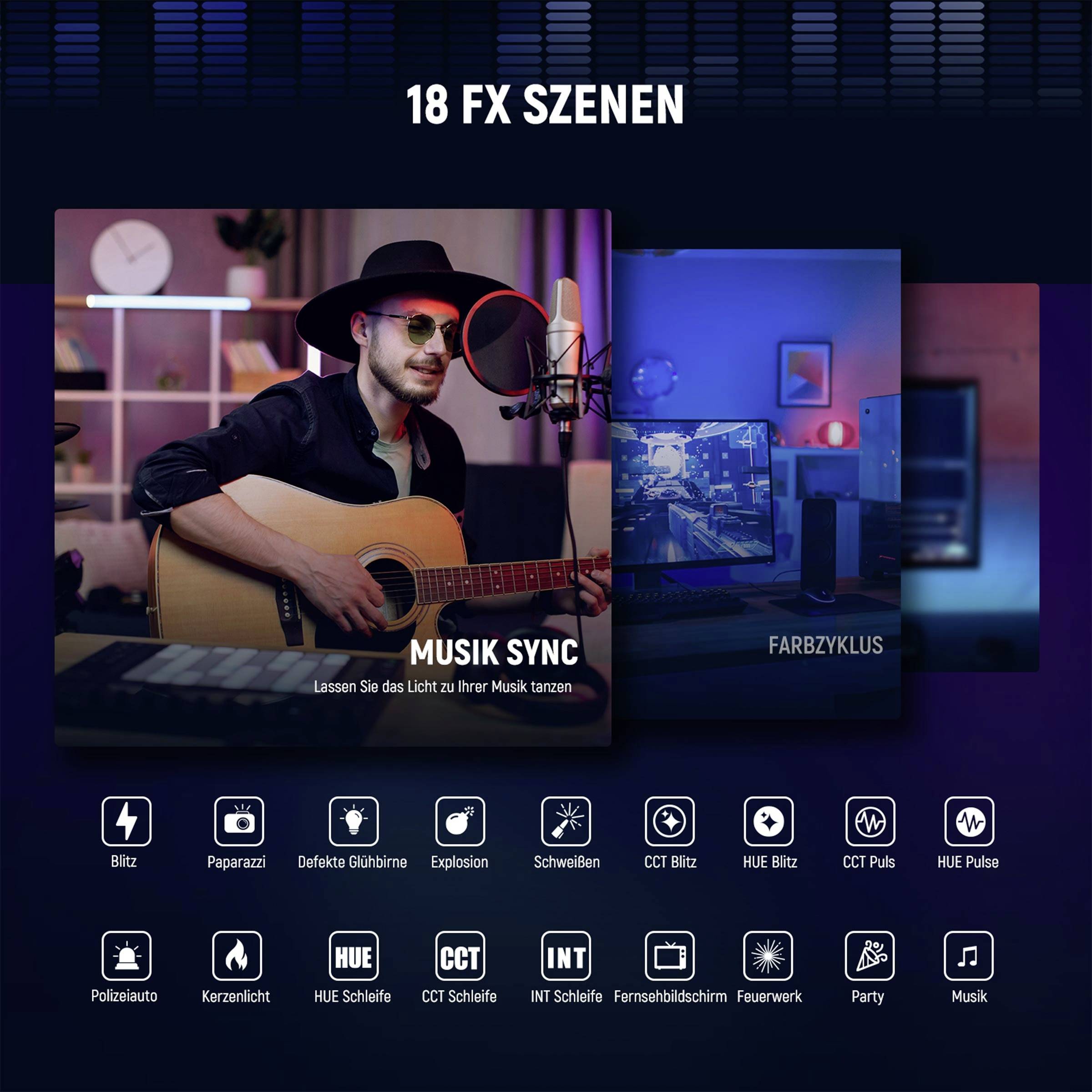 '18 FX Szenen' mit zwei Hauptbildern: Links ein Musiker mit Gitarre, Mikrofon, Text 'Musik Sync'. Rechts ein PC-Setup, Text 'Farbzyklus'. Symbole darunter, z.B. Blitz, Explosion.