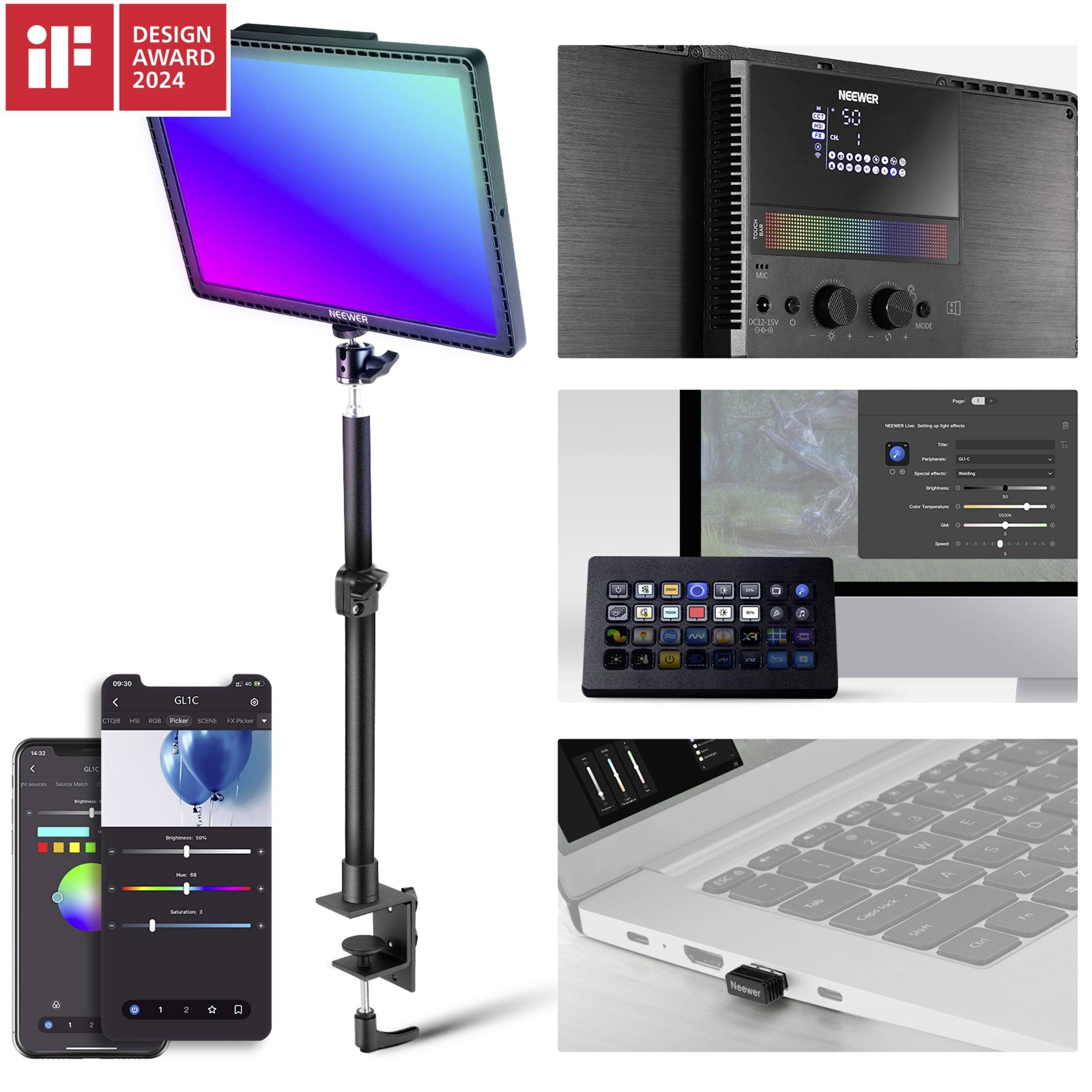 LED-Videoleuchte mit Steuerung über Smartphone-App, Anzeige von Lichtparametern und USB-C-Anschluss. Gewinner des iF Design Award 2024.