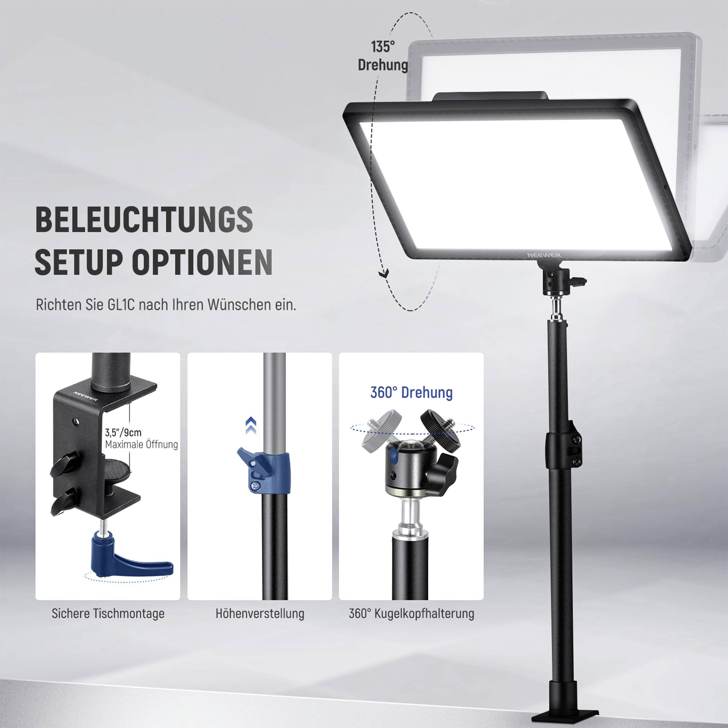 'Beleuchtungs-Setup-Optionen' zeigt eine höhenverstellbare Leuchte mit 135° Drehung und sicherer Tischmontage.