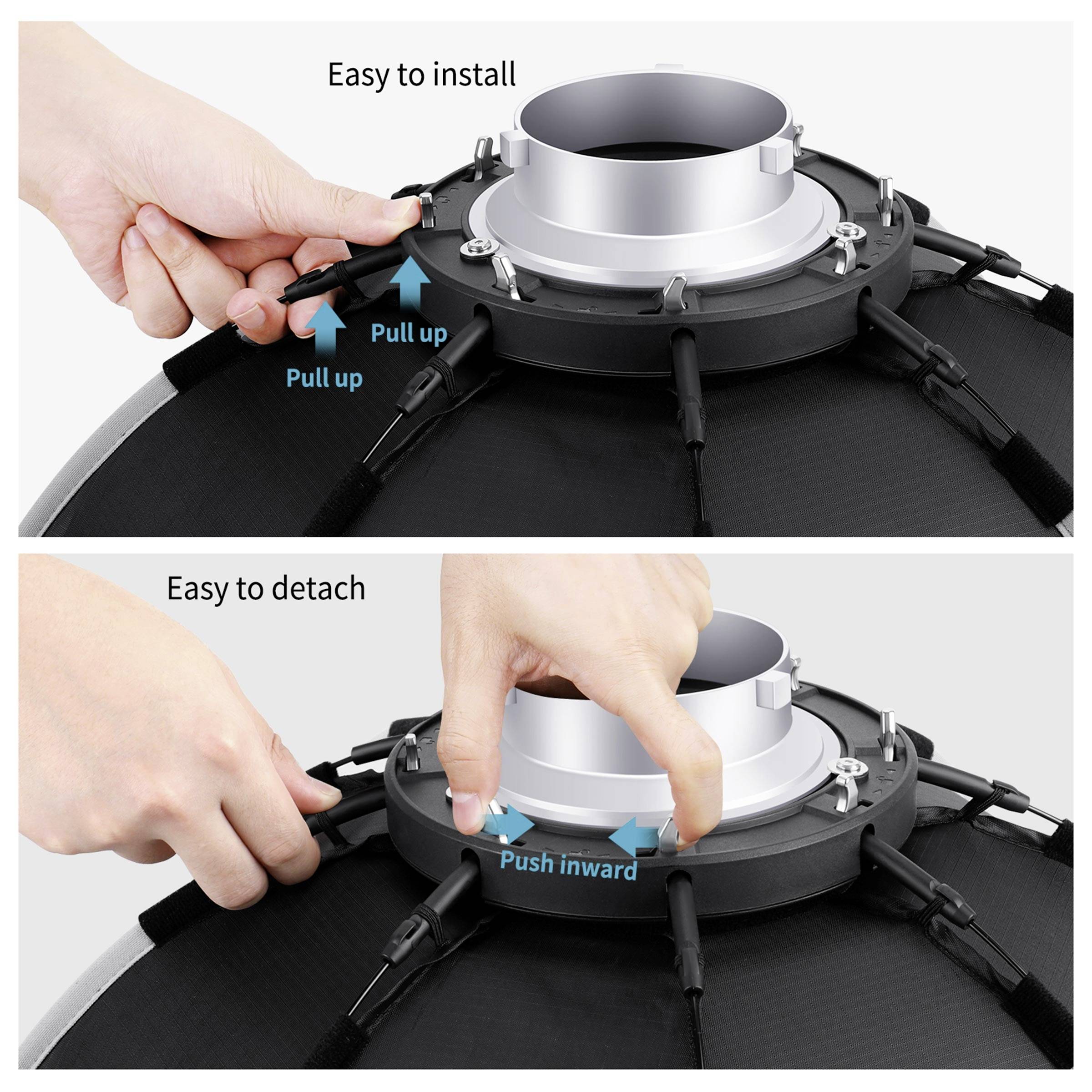 Oben: Zwei Hände ziehen Stifte an einem Gerät hoch mit Text 'Easy to install'. Unten: Zwei Hände drücken Stifte hinein mit Text 'Easy to detach'.
