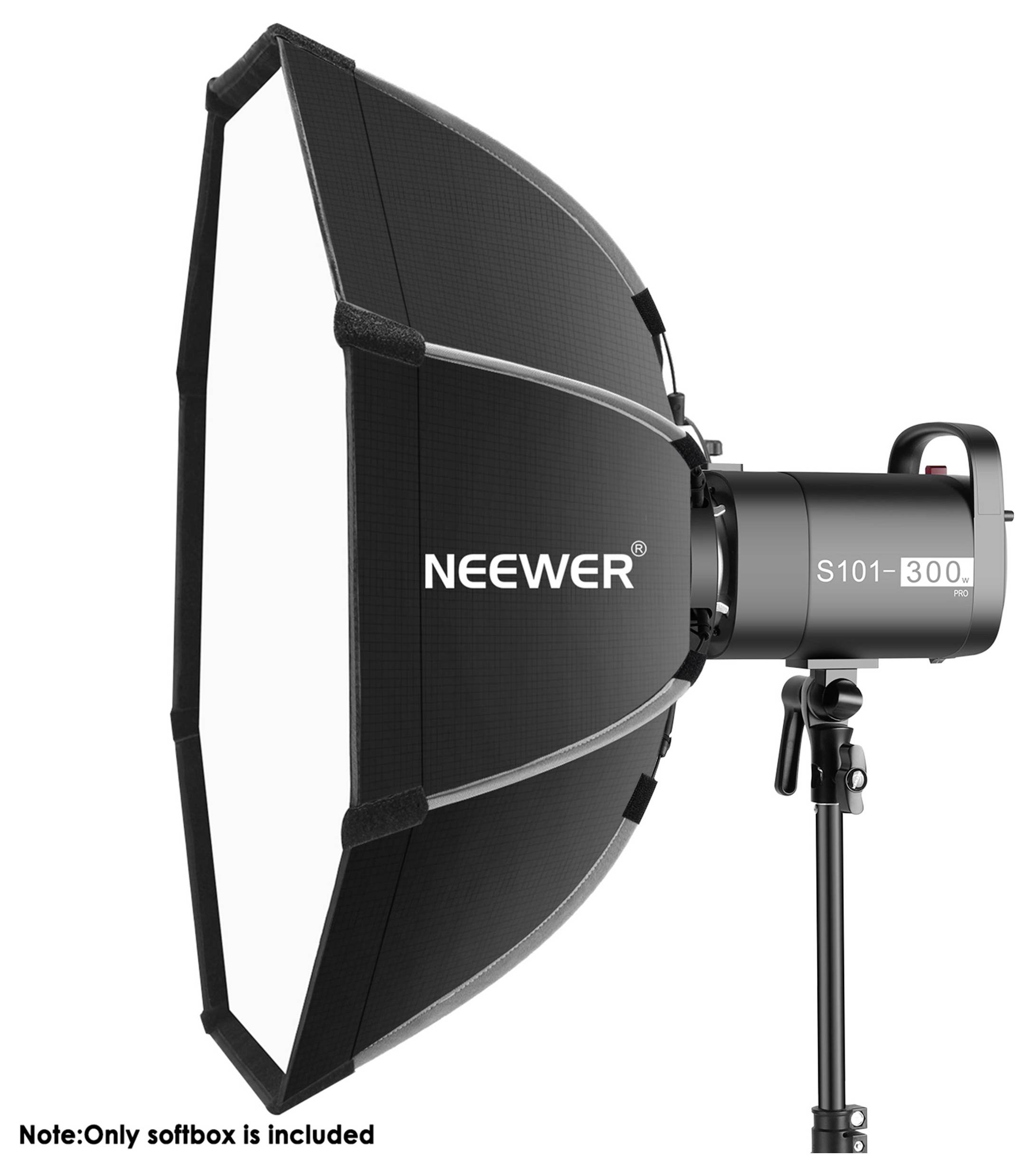 Neewer Softbox mit Stativ, beschriftet 'S101–300'. Hinweis: Nur Softbox enthalten. Geeignet für Fotostudio-Beleuchtung.
