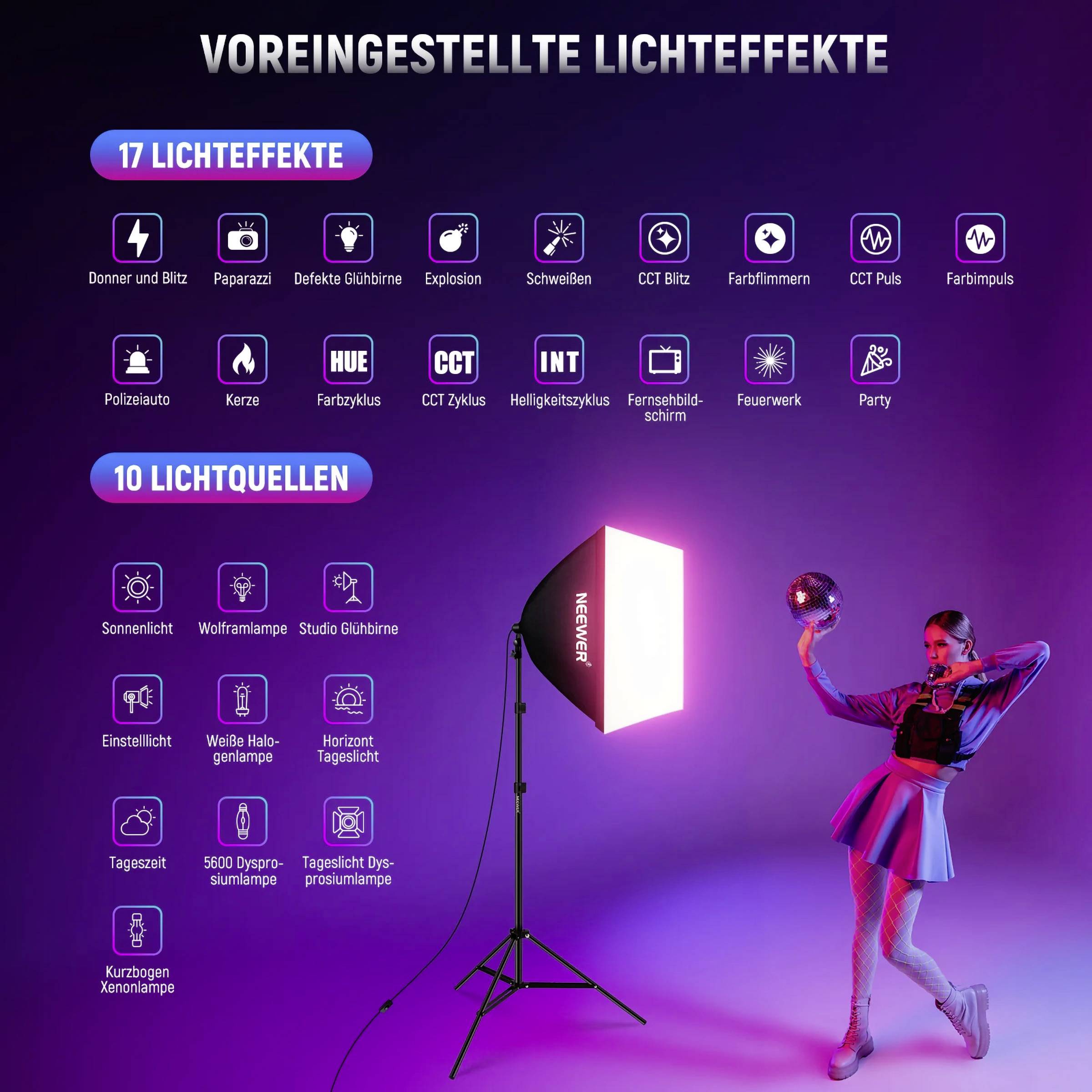 'Voreingestellte Lichteffekte: 17 Effekte und 10 Lichtquellen. Hauptmotiv: Eine Person in bunter Kleidung posiert mit einem Fußball.'