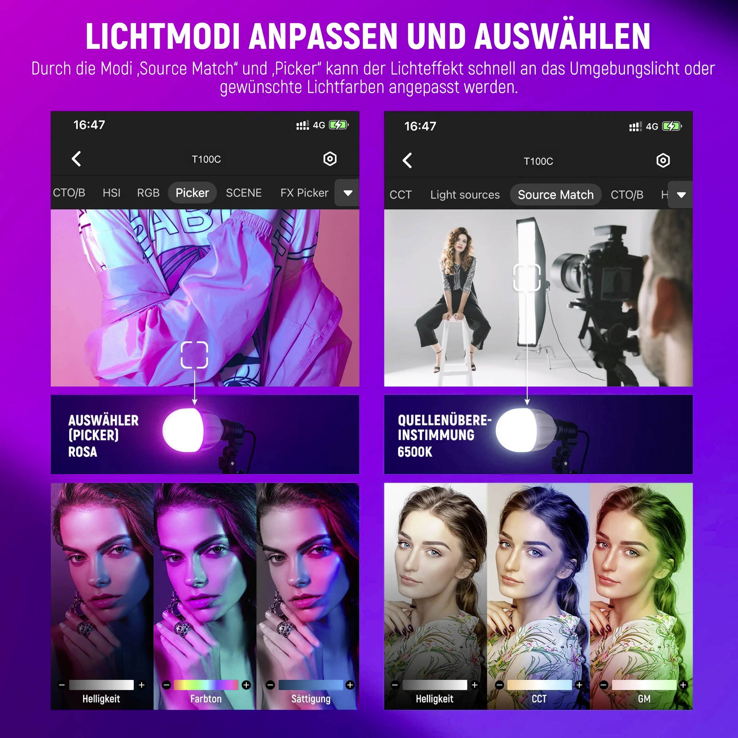 App zur Anpassung von Lichtmodi: 'Picker' für schnelle Farbauswahl und 'Source Match' für genaue Lichtabstimmung auf Umgebungslicht.