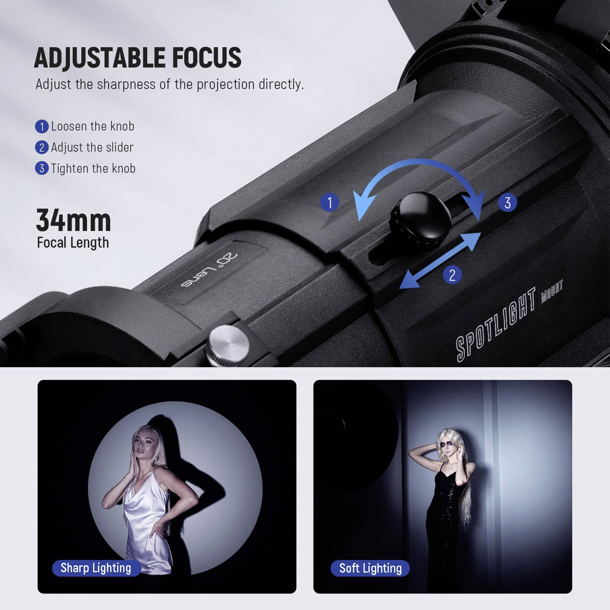 'Verstellbarer Fokus' mit Bedienhinweisen: 1. Schärfe anpassen, 2. Schalter justieren, 3. Drehknopf anziehen. Fotos: links 'Scharfe Beleuchtung', rechts 'Sanfte Beleuchtung'.