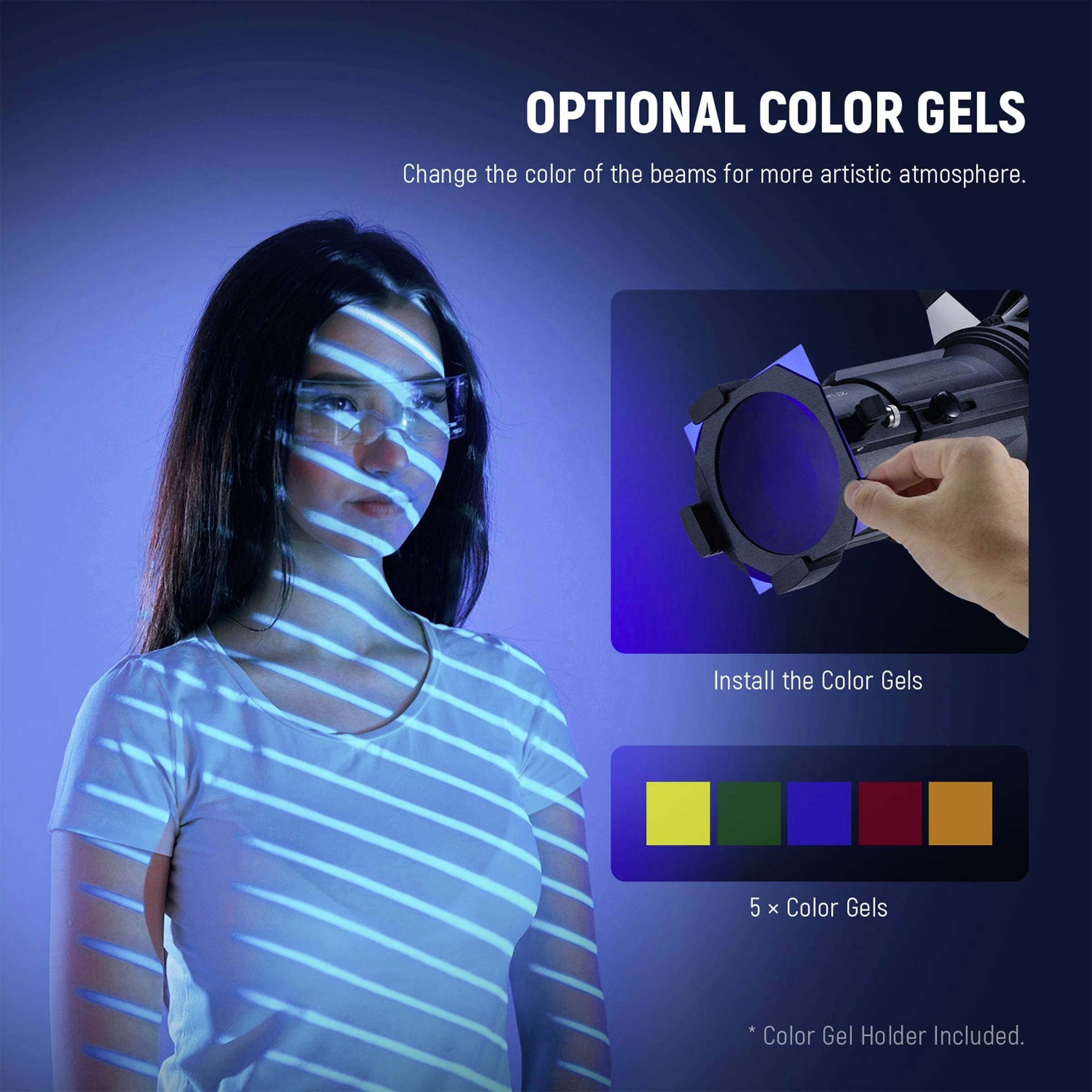 Frau in blau beleuchtetem Raum mit Lichteffekten, daneben Anleitung zur Installation von Farbfiltern mit fünf verschiedenen Farbauswahlen.