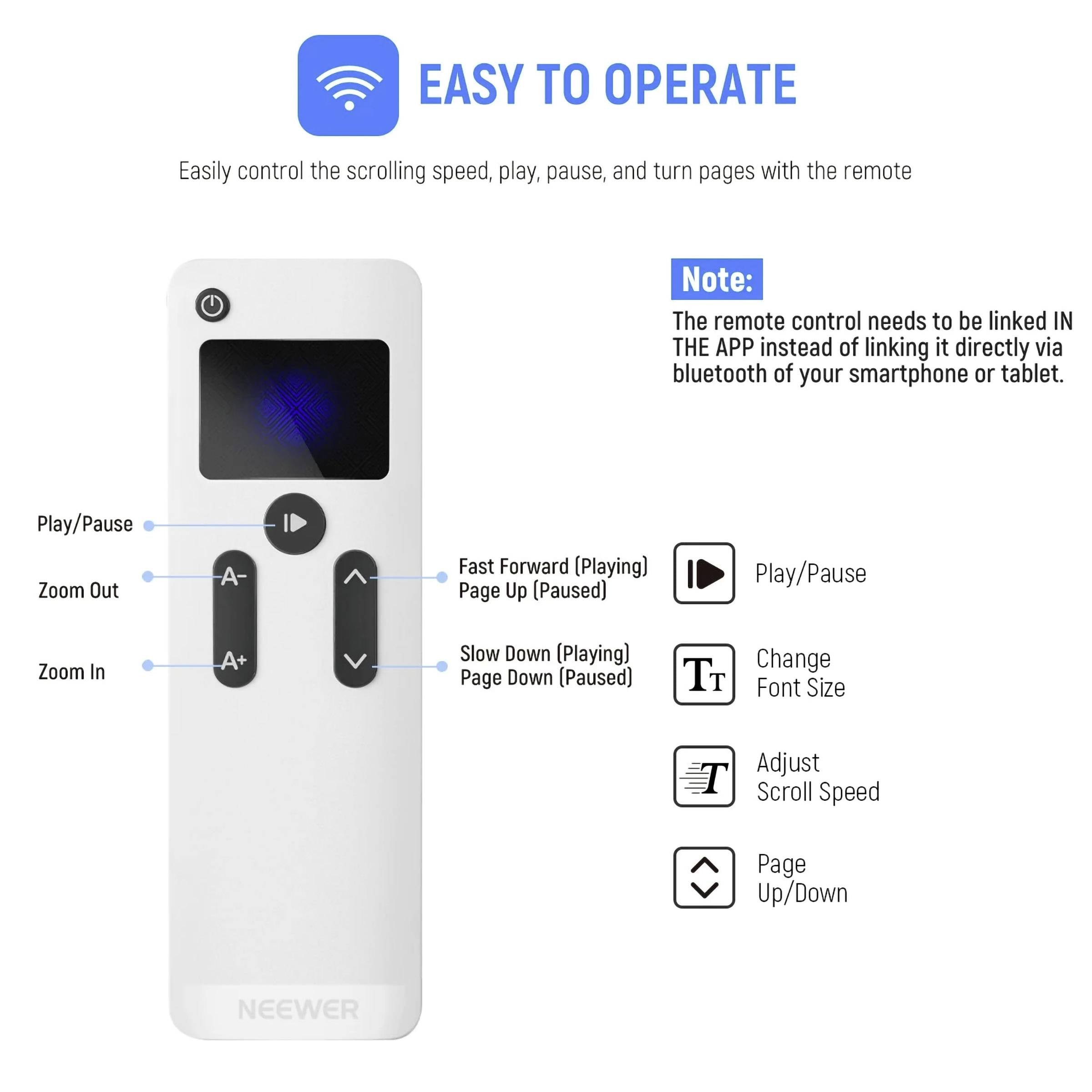 'Neewer' Fernbedienung mit Tasten für Wiedergabe/Pause, Zoom, Schriftgröße ändern, Scrollgeschwindigkeit anpassen. Hinweis: App-Verbindung über Bluetooth erforderlich.