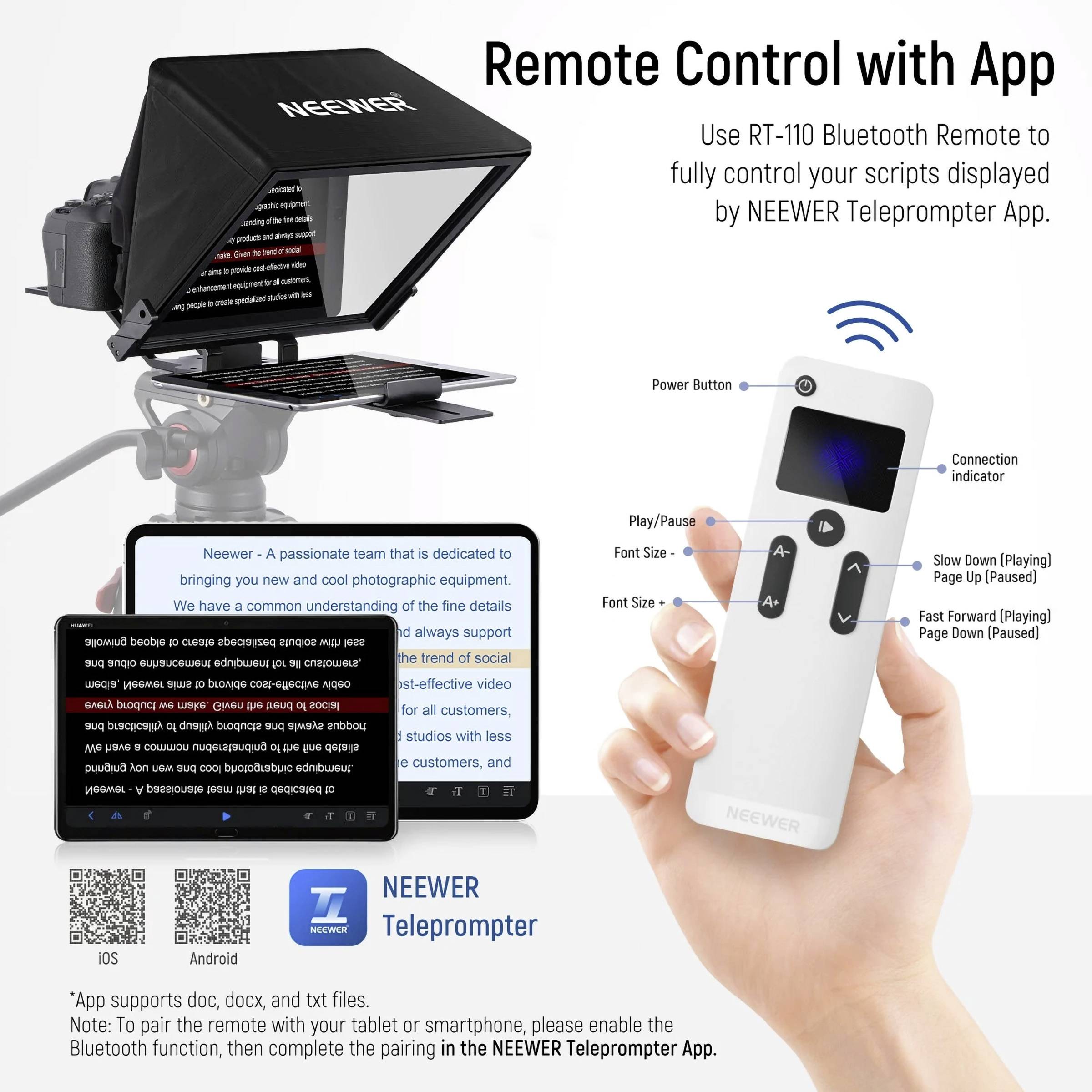 Kamera mit Teleprompter und Fernbedienung. Text: 'Remote Control with App'. Nutzung der RT-110 Bluetooth Fernbedienung für Neewer Teleprompter.