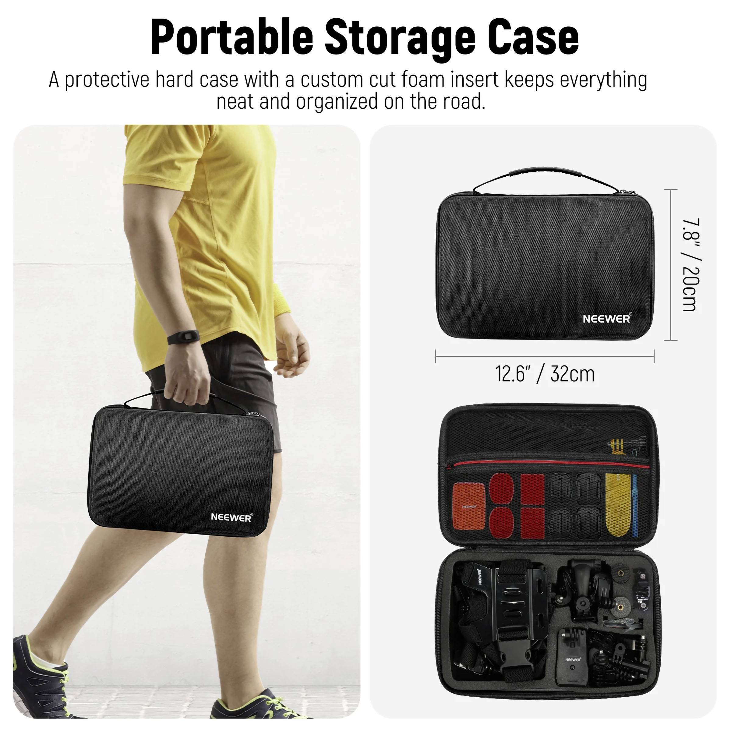 Tragbare Aufbewahrungsbox von Neewer. Links: Person trägt geschlossenes Etui. Rechts: Offenes Etui zeigt geordnete Geräte und Zubehör.