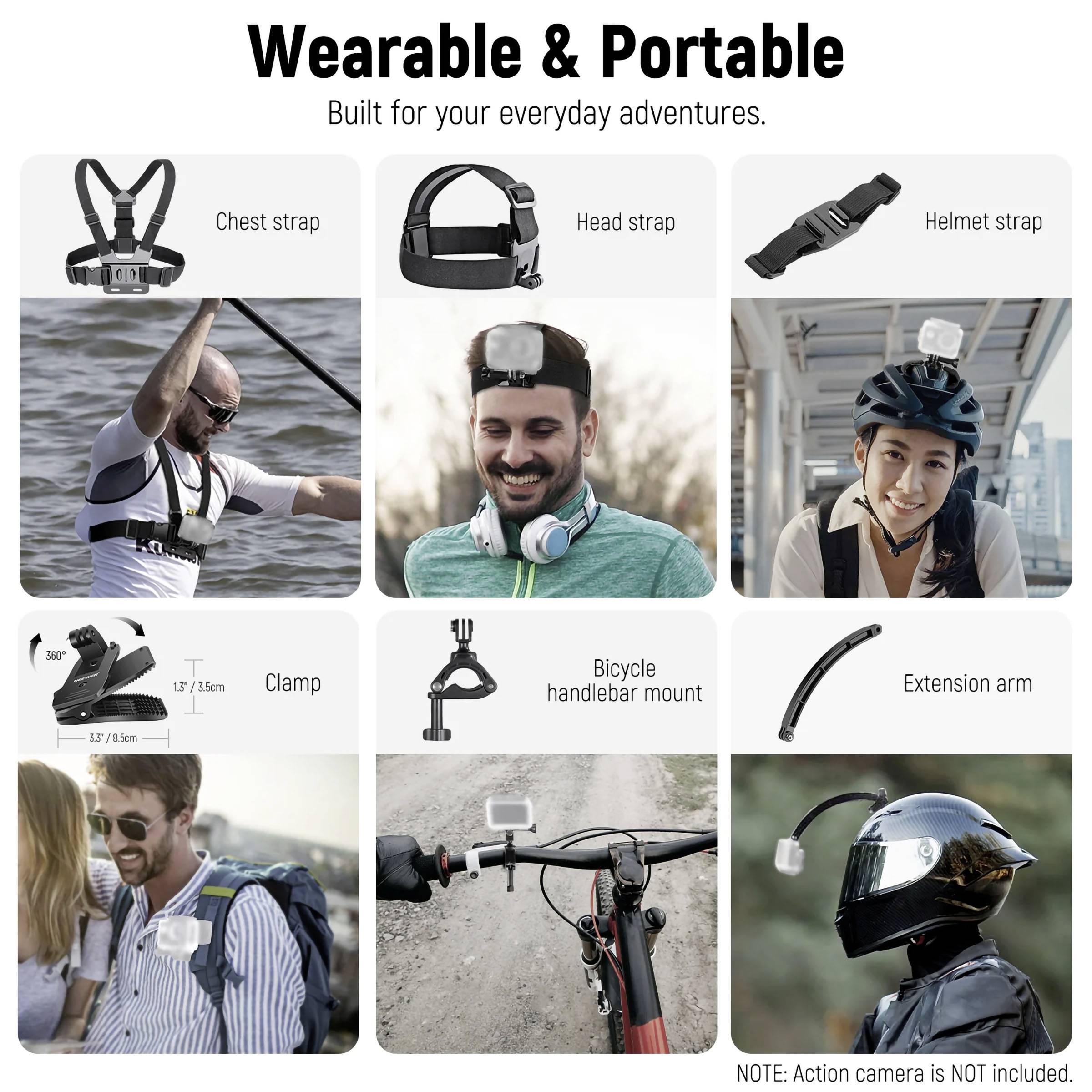 'Wearable & Portable - Built for your everyday adventures.' Bild zeigt verschiedene Halterungen für Kameras: Brust-, Kopf-, Helmgurt, Klemme, Fahrradhalterung, Verlängerungsarm. Hinweis: Action-Kamera nicht enthalten.