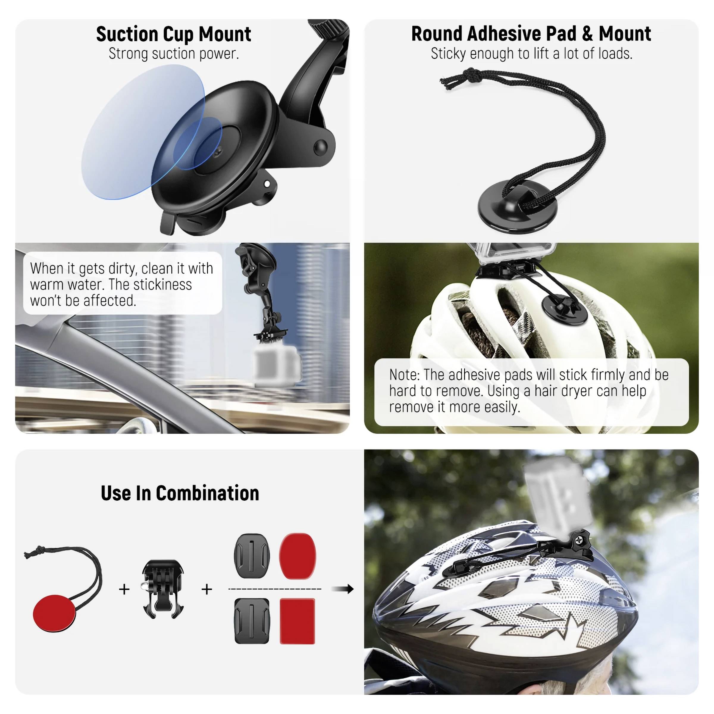 'Saugfußhalterung' und 'Runde Klebepadhalterung' für Fahrradhelm. Kombinierbar. Text erklärt Reinigung und Entfernung mit Föhn.