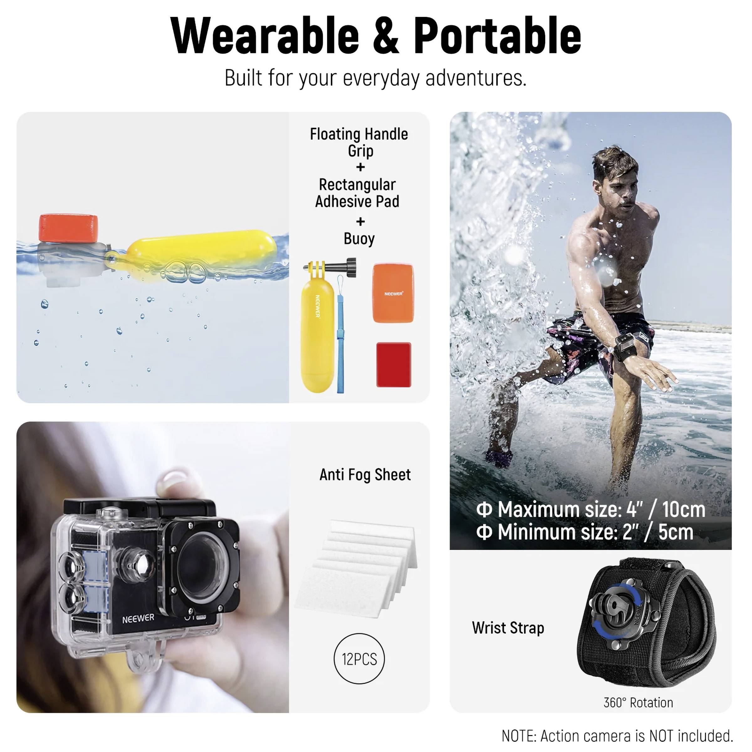 Tragbare Kameraausrüstung: Enthält Griff mit Schwimmer, Antibeschlagschicht, rechteckiges Klebepad und Handgelenkriemen. Benutzer im Wasser zu sehen.