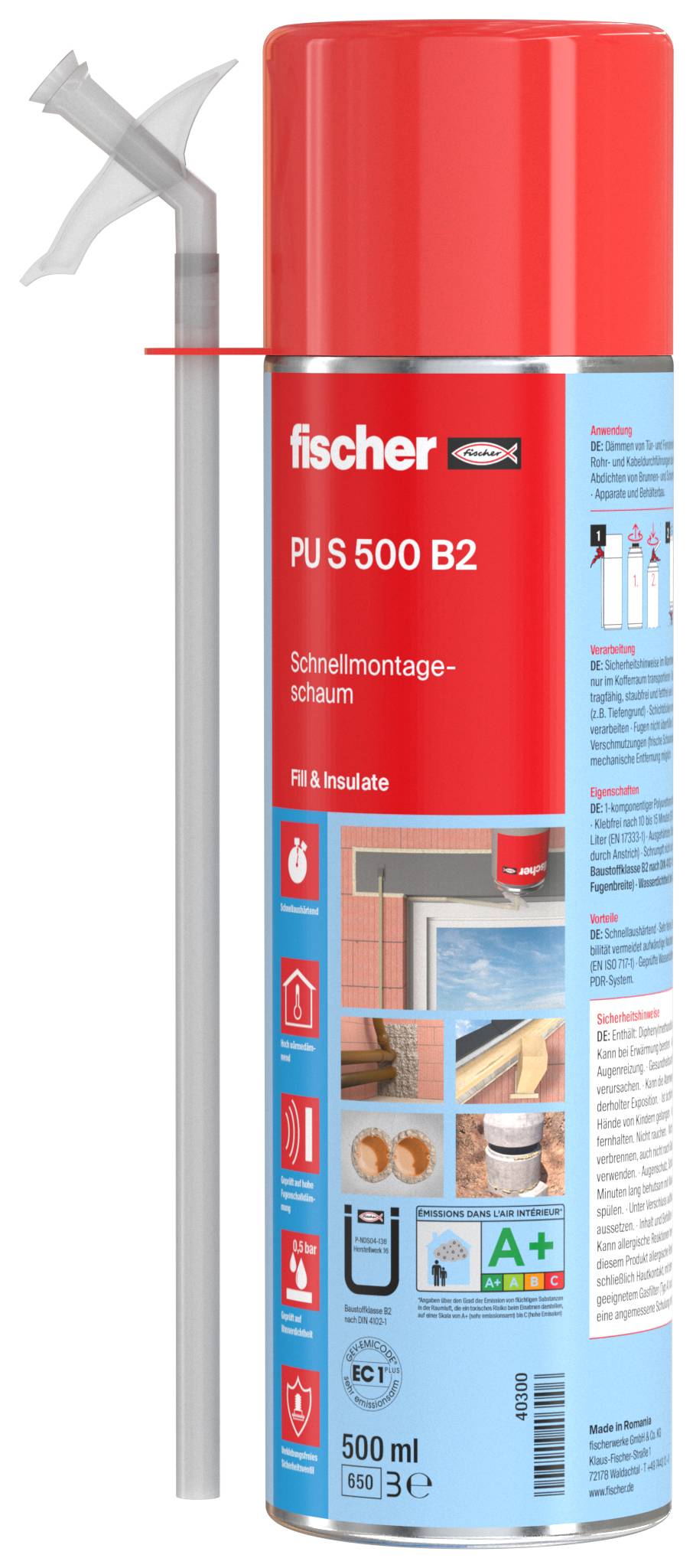 Red Fischer PU S 500 B2 Sprühschaum-Dose mit angebrachtem Dosierstrohhalm, auf der Produktverpackung mit 500-ml-Etikett gezeigt.