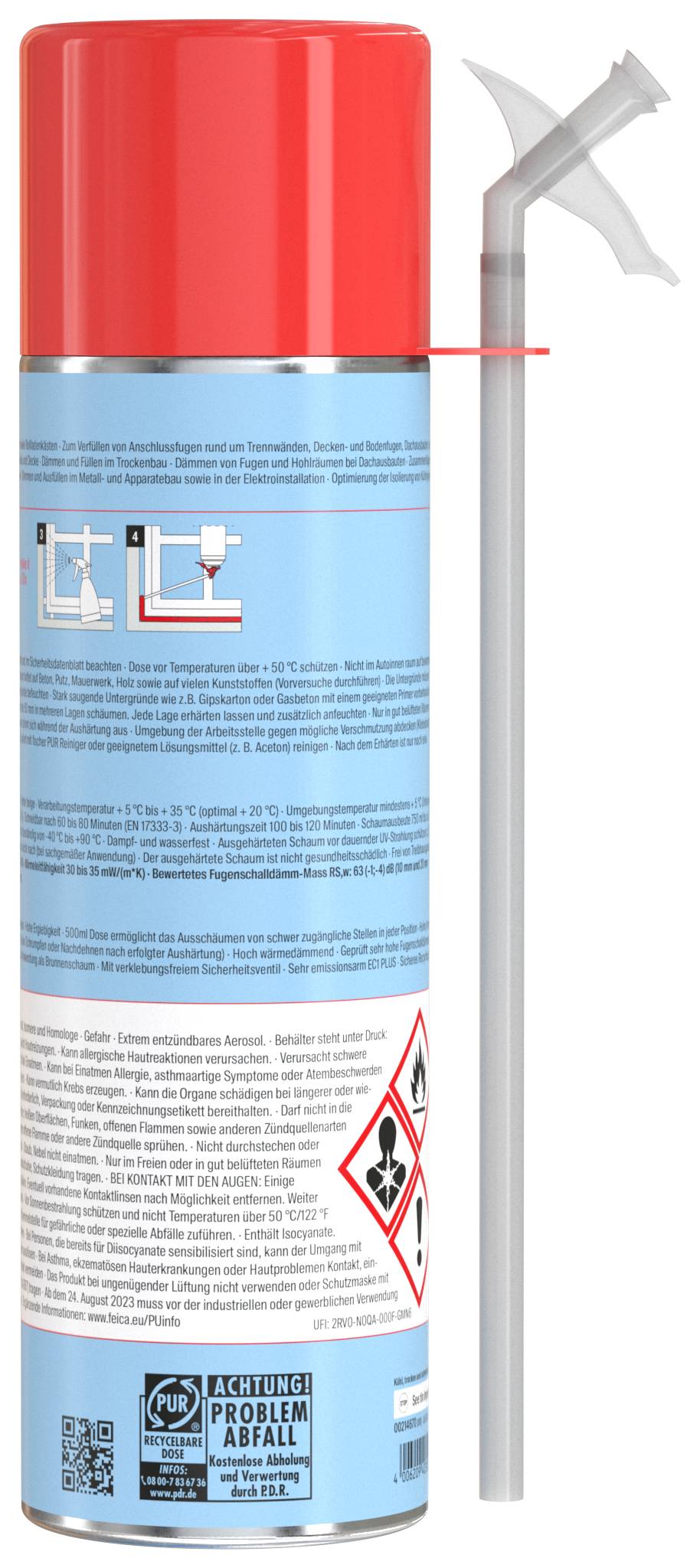 Eine hellblaue Sprühdose mit roter Kappe, die an einer grauen Wandhalterung mit Griff befestigt ist, dargestellt mit Sicherheitswarnhinweisen und Anweisungen.