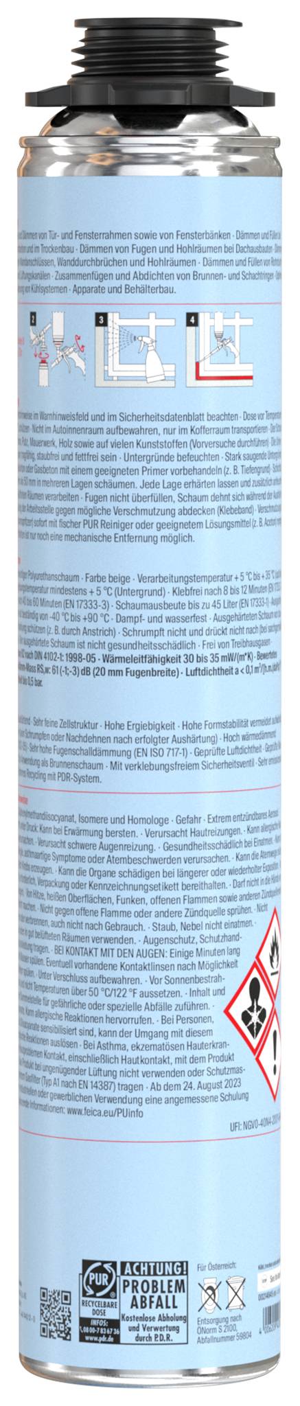 Rückseite einer hohen schwarzen Spraydose mit blauem Sicherheitsetikett und mehrsprachigem Warntext, einschließlich Gefahrenraute und Recycling-Symbolen.