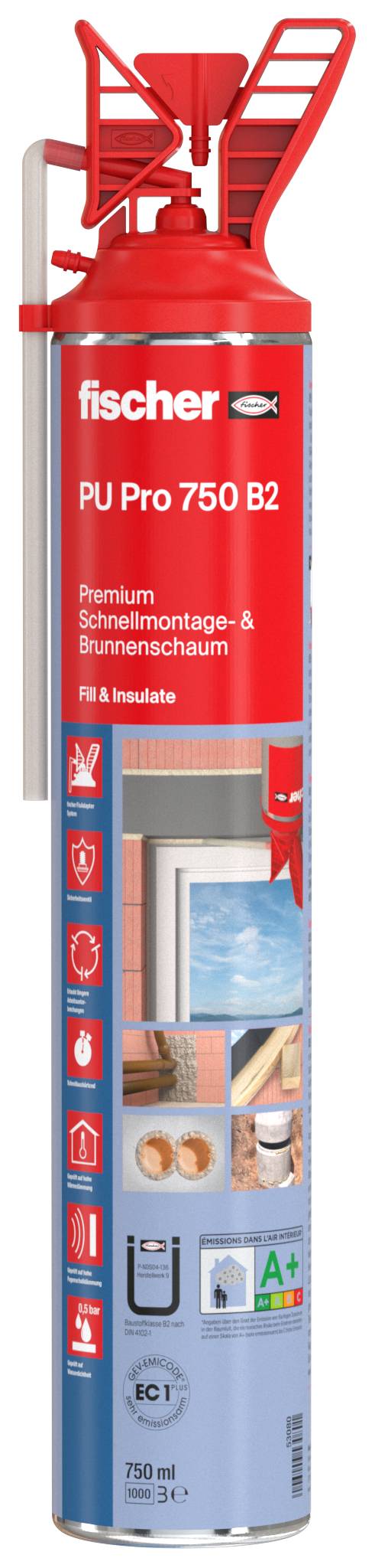 Eine rot-blaue Fischer PU Pro 750 B2 Isolationsschaum-Dose mit Applikationspistole und Produktetiketten, aufrecht auf weißem Hintergrund dargestellt.
