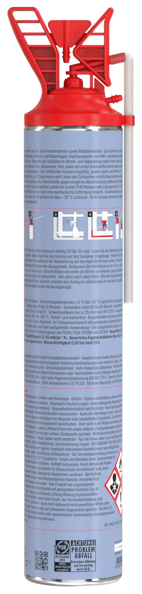 Sprühdose mit roter Sicherheitsschutzkappe und Abzugsring, gekennzeichnet mit Gefahrwarnungen und Anweisungen, vermutlich ein Sprühkleber oder Reiniger.