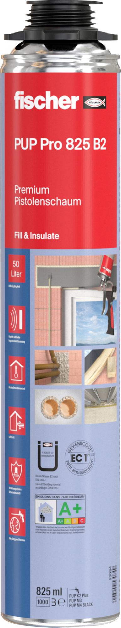'Fischer PUP Pro 825 B2' Schaumkartusche, 825 ml, gekennzeichnet für Befestigung und Dämmung. Zeigt Produktverwendung im Baugewerbe mit Bildern.