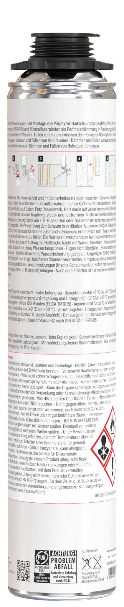Rückseite einer hohen silbernen Spraydose mit dichtem Warntext, Gebrauchsanweisungen und Gefahrensymbolen in der Nähe des unteren Endes.