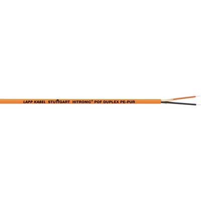 Ein orangefarbenes Kabel mit der Beschriftung 'LAPP KABEL STUTTGART HITRONIC PCF DUPLEX P-IMR'. Das Kabel hat zwei freiliegende Innenleitungen, eine schwarze und eine orangefarbene.