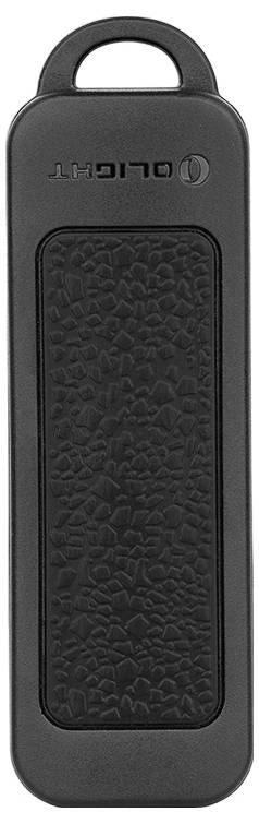 Tragbare schwarze Taschenlampe in länglicher Form mit gemusterter Griffoberfläche und einer Anhängeöse oben.