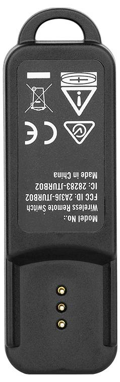 Kabelloser Fernbedienungsschalter, Modell Nr. 2, mit CE-Kennzeichnung und Sicherheitswarnsymbolen, hergestellt in China.