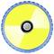 Gelbe LED-Leuchte von oben, kreisförmig mit blauem Rand, zentrales leuchtendes Element in der Mitte.