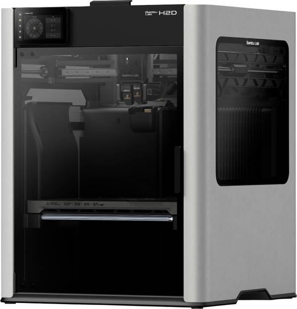 BambuLab H2D 3D Drucker  Dual-Düsen-System (Dual Extruder), 12,7 cm Farb-Touchscreen, integrierte Kamera, App-Anbindung, Flammensensor, Mit Feuerlöscher-Funktion, KI-Unterstützung, Notstopp-Schalter, beheizbares Druckbett, Kammerheizung