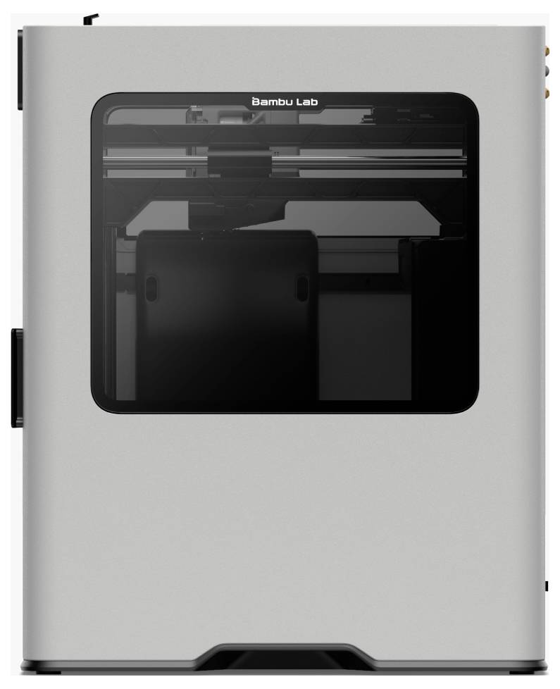 3D-Drucker von Bambu Lab mit rechteckigem Gehäuse, durchsichtiger Frontabdeckung und sichtbarem Druckbereich im Inneren.