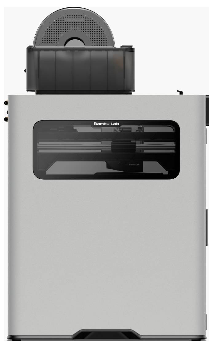Ein grauer 3D-Drucker mit rundem Filamenthalter oben. Rechteckiges Sichtfenster zeigt den Druckbereich in der Mitte des Geräts.
