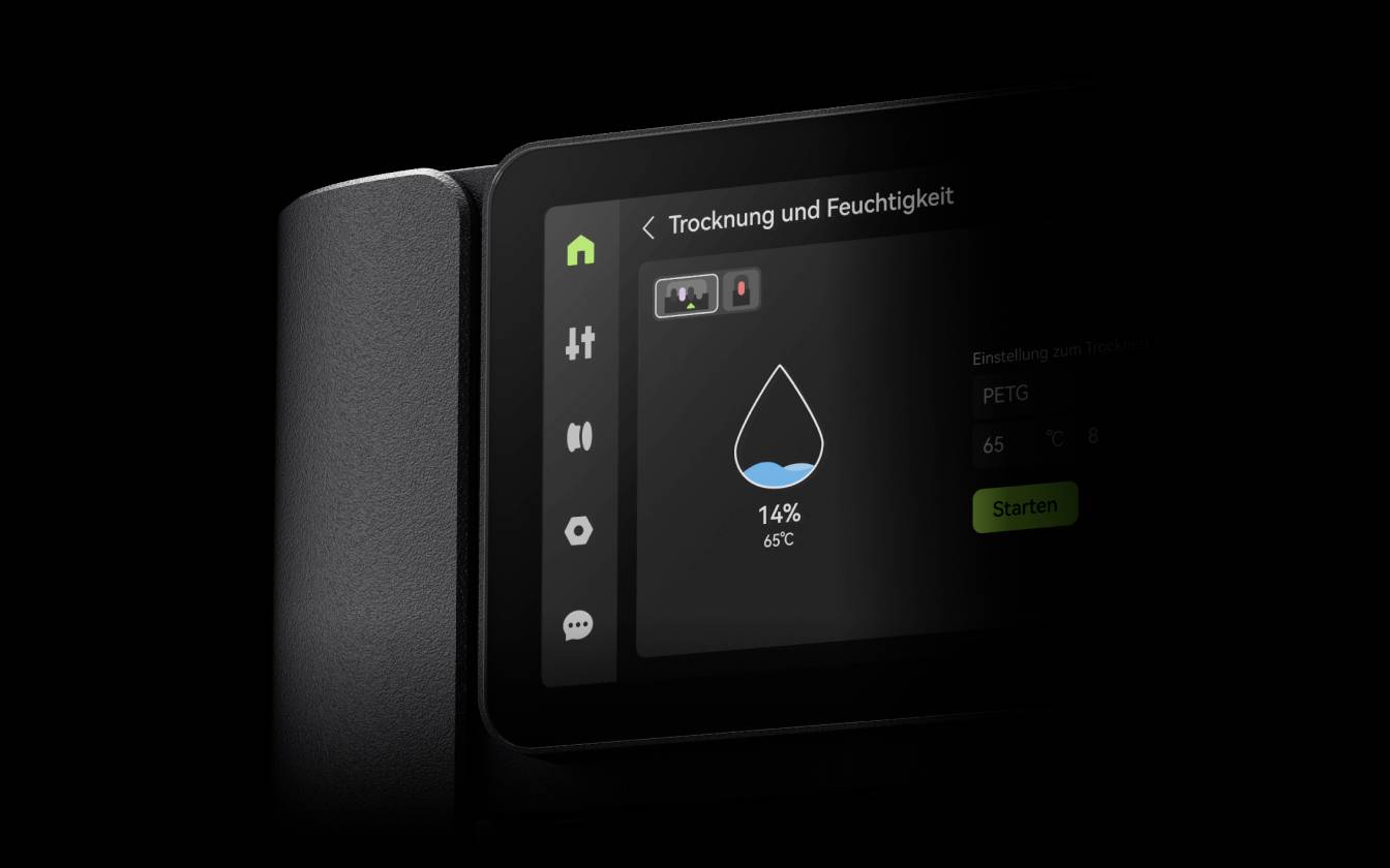 Bildschirm eines Trocknungsgeräts, zeigt 14% Restfeuchtigkeit bei 65°C. Einstellung für 'PETG' Material ist aktiv.